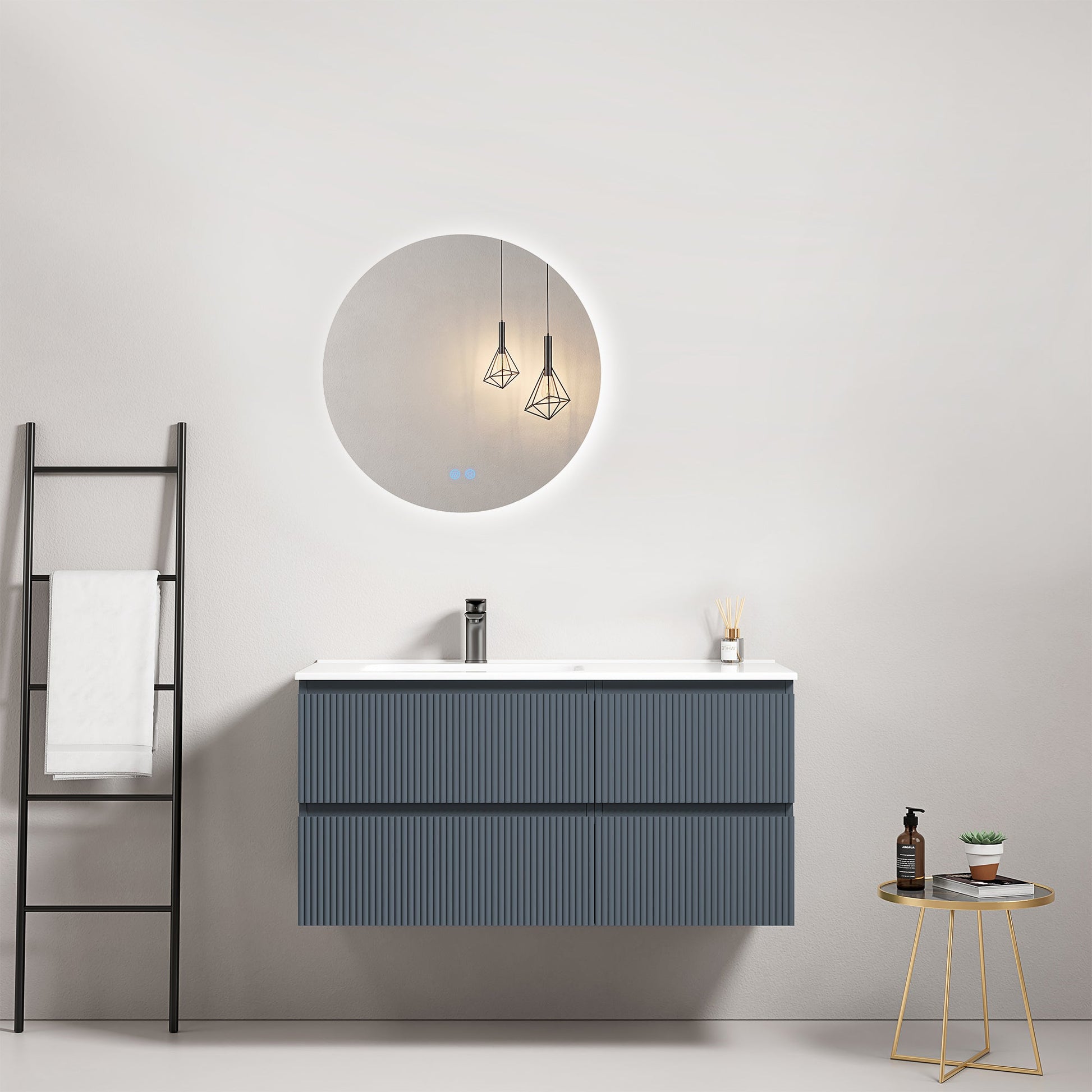 Mobile bagno sospeso cannettato 100 cm Blu Mare Lavabo a Sinistra in Ceramica Specchio Tondo Retroilluminato - Fiji Paint