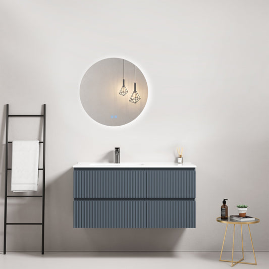 Mobile bagno sospeso cannettato 100 cm Blu Mare Lavabo a Sinistra in Ceramica Specchio Tondo Retroilluminato - Fiji Paint