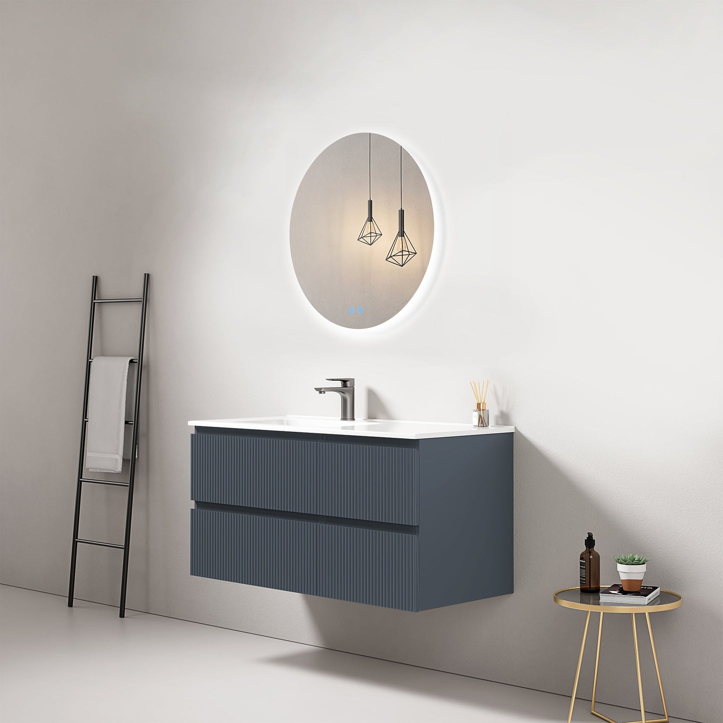 Mobile bagno sospeso cannettato 100 cm Blu Mare Lavabo a Sinistra in Ceramica Specchio Tondo Retroilluminato - Fiji Paint.