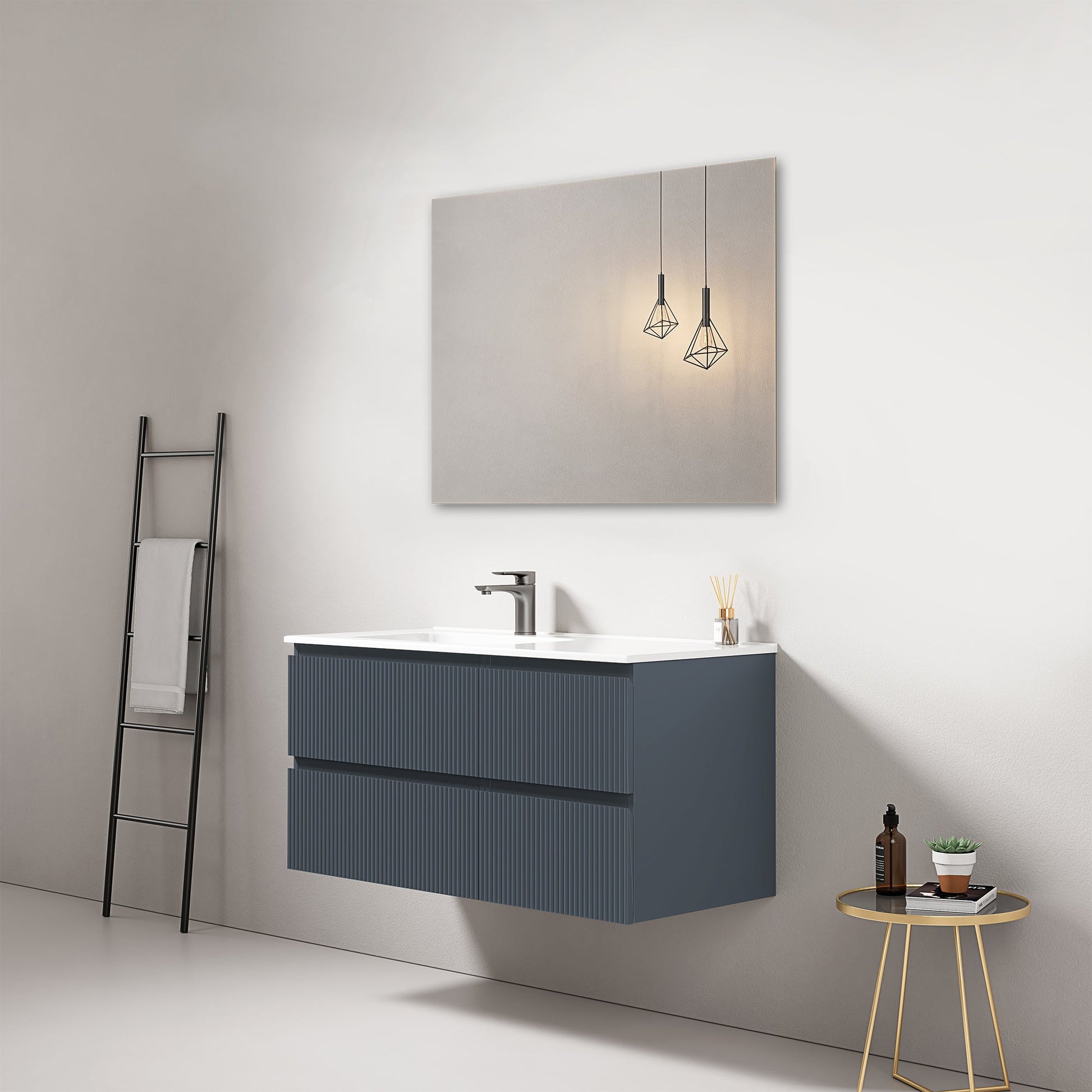 Mobile bagno sospeso cannettato 100 cm Blu Mare Lavabo a Sinistra in Ceramica Specchio Quadro - Fiji Paint.