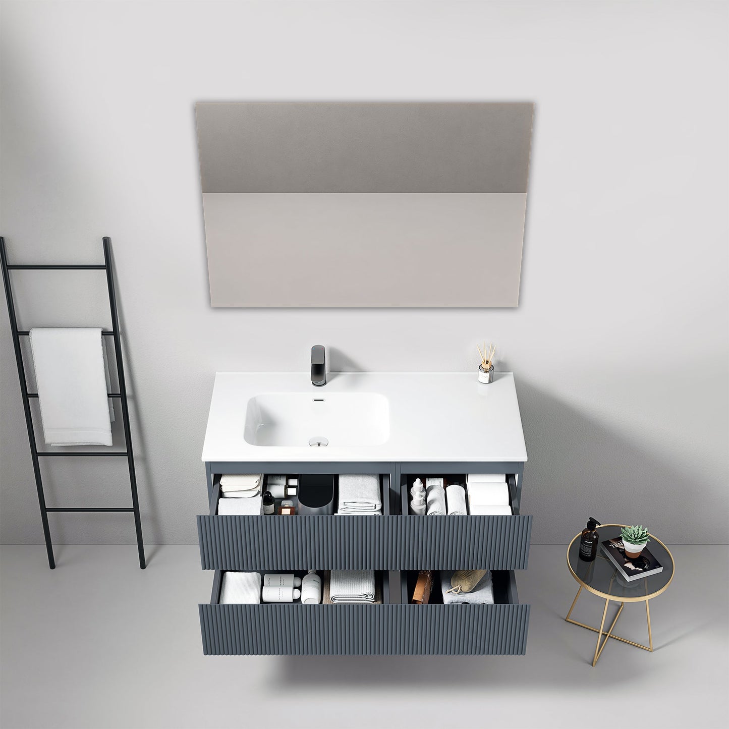 Mobile bagno sospeso cannettato 100 cm Blu Mare Lavabo a Sinistra in Ceramica Specchio Quadro - Fiji Paint
