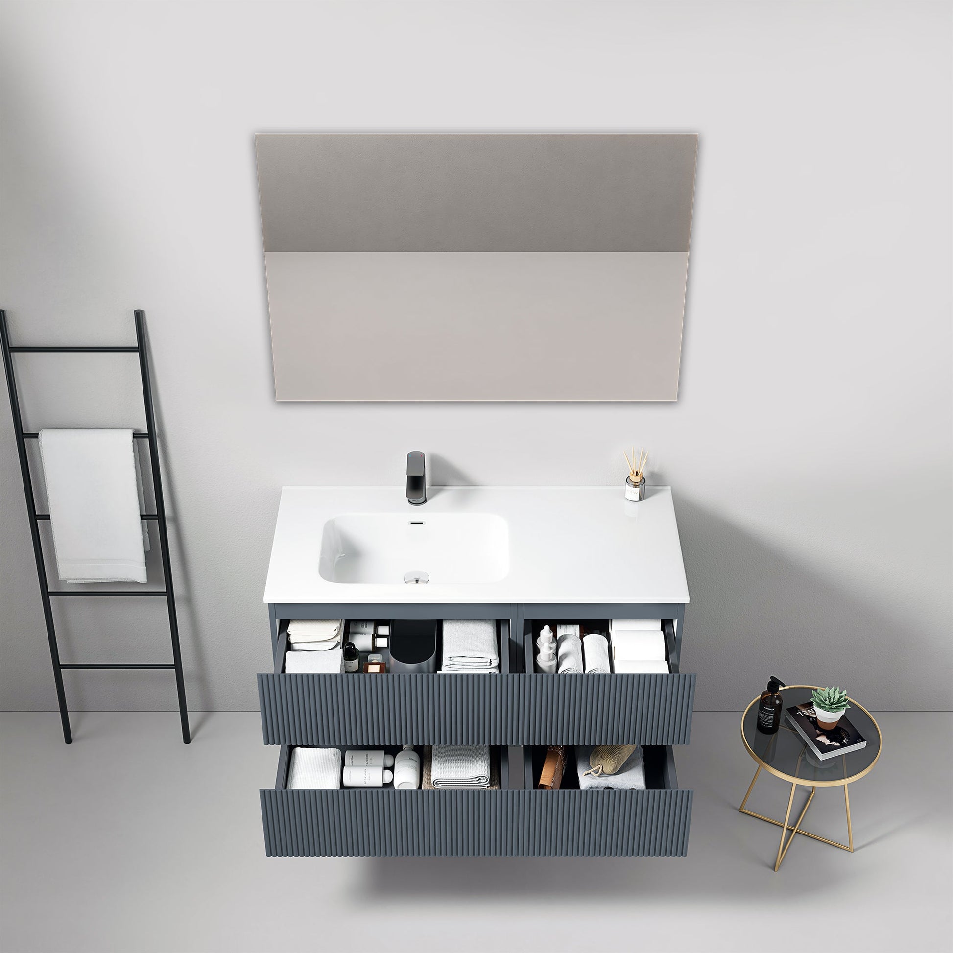 Mobile bagno sospeso cannettato 100 cm Blu Mare Lavabo a Sinistra in Ceramica Specchio Quadro - Fiji Paint