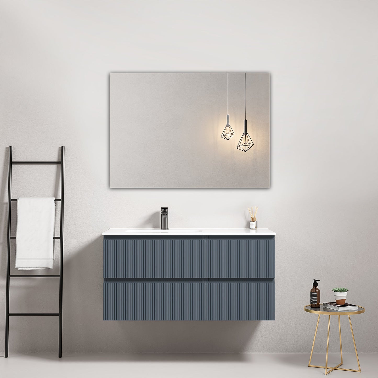 Mobile bagno sospeso cannettato 100 cm Blu Mare Lavabo a Sinistra in Ceramica Specchio Quadro - Fiji Paint.