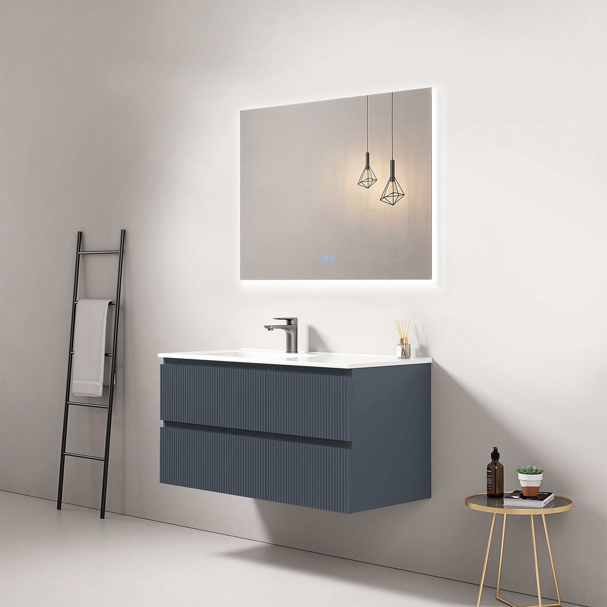 Mobile bagno sospeso cannettato 100 cm Blu Mare Lavabo a Sinistra in Ceramica Specchio Quadro Retroilluminato - Fiji Paint.