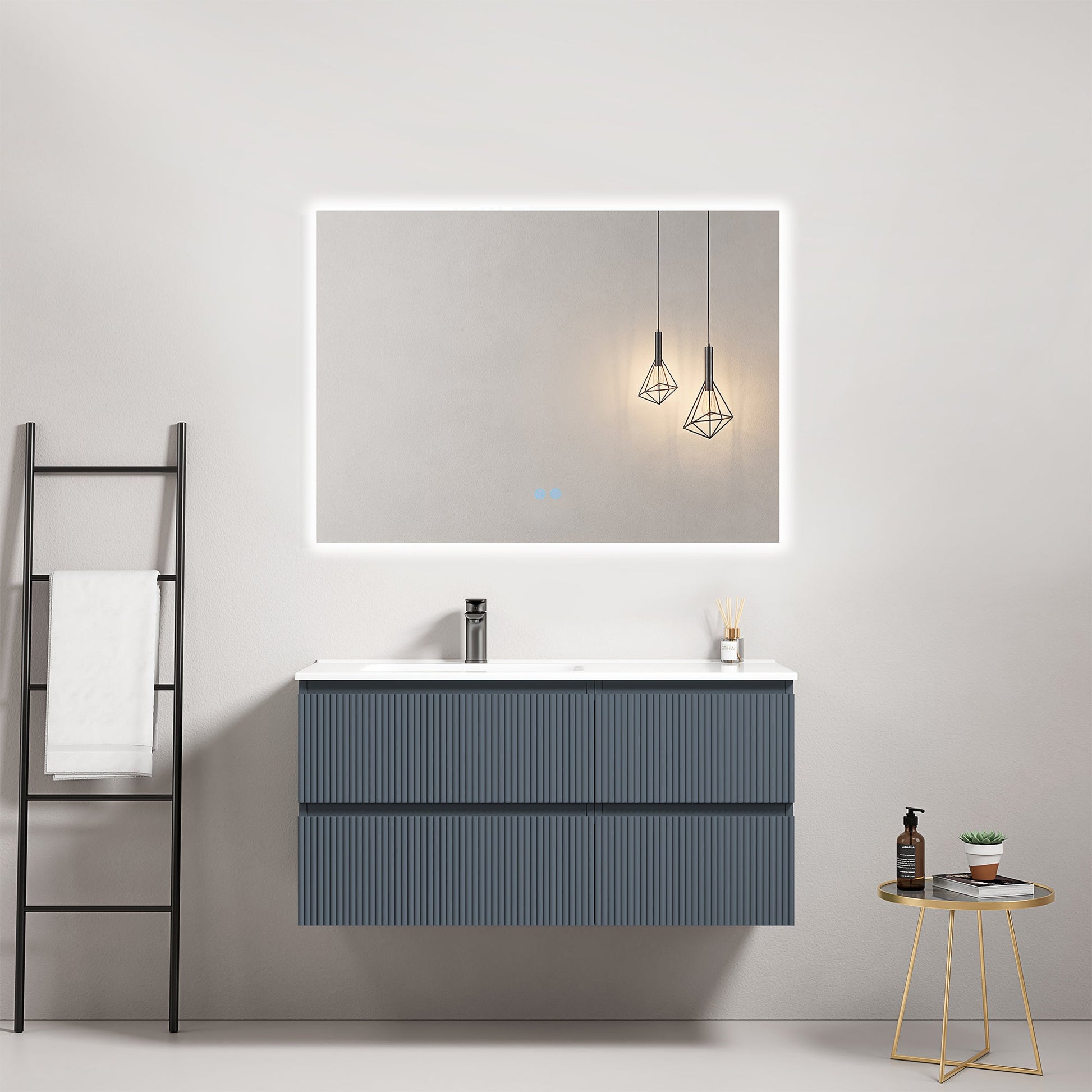 Mobile bagno sospeso cannettato 100 cm Blu Mare Lavabo a Sinistra in Ceramica Specchio Quadro Retroilluminato - Fiji Paint
