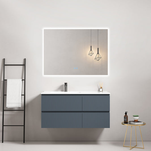 Mobile bagno sospeso cannettato 100 cm Blu Mare Lavabo a Sinistra in Ceramica Specchio Quadro Retroilluminato - Fiji Paint