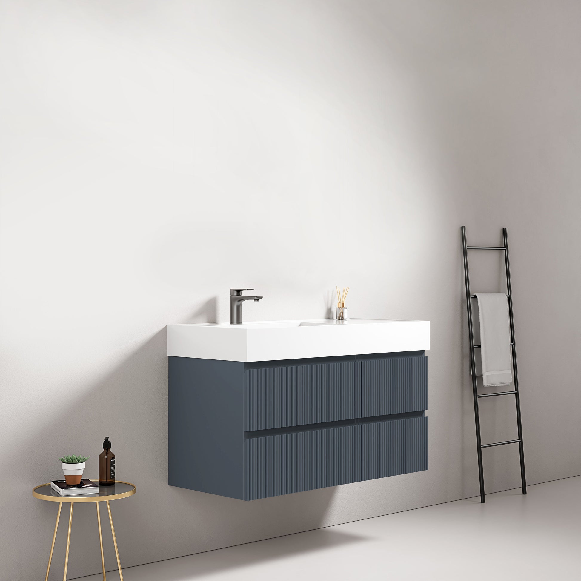 Mobile bagno sospeso cannettato 100 cm Blu Mare Lavabo a Sinistra in Resina Senza Specchio - Fiji Paint