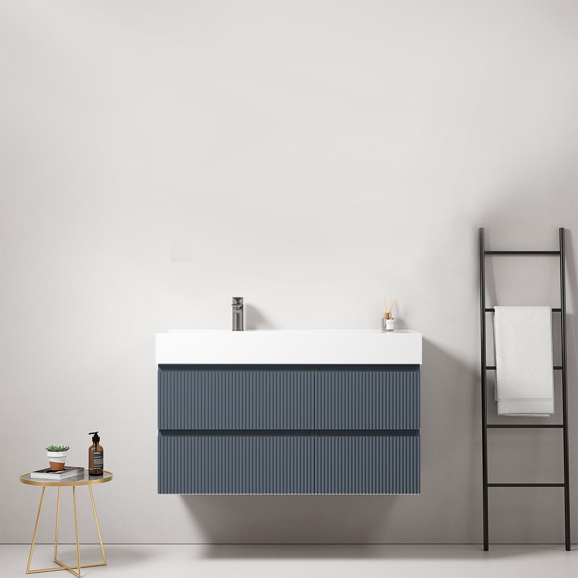 Mobile bagno sospeso cannettato 100 cm Blu Mare Lavabo a Sinistra in Resina Senza Specchio - Fiji Paint