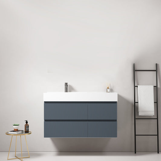 Mobile bagno sospeso cannettato 100 cm Blu Mare Lavabo a Sinistra in Resina Senza Specchio - Fiji Paint