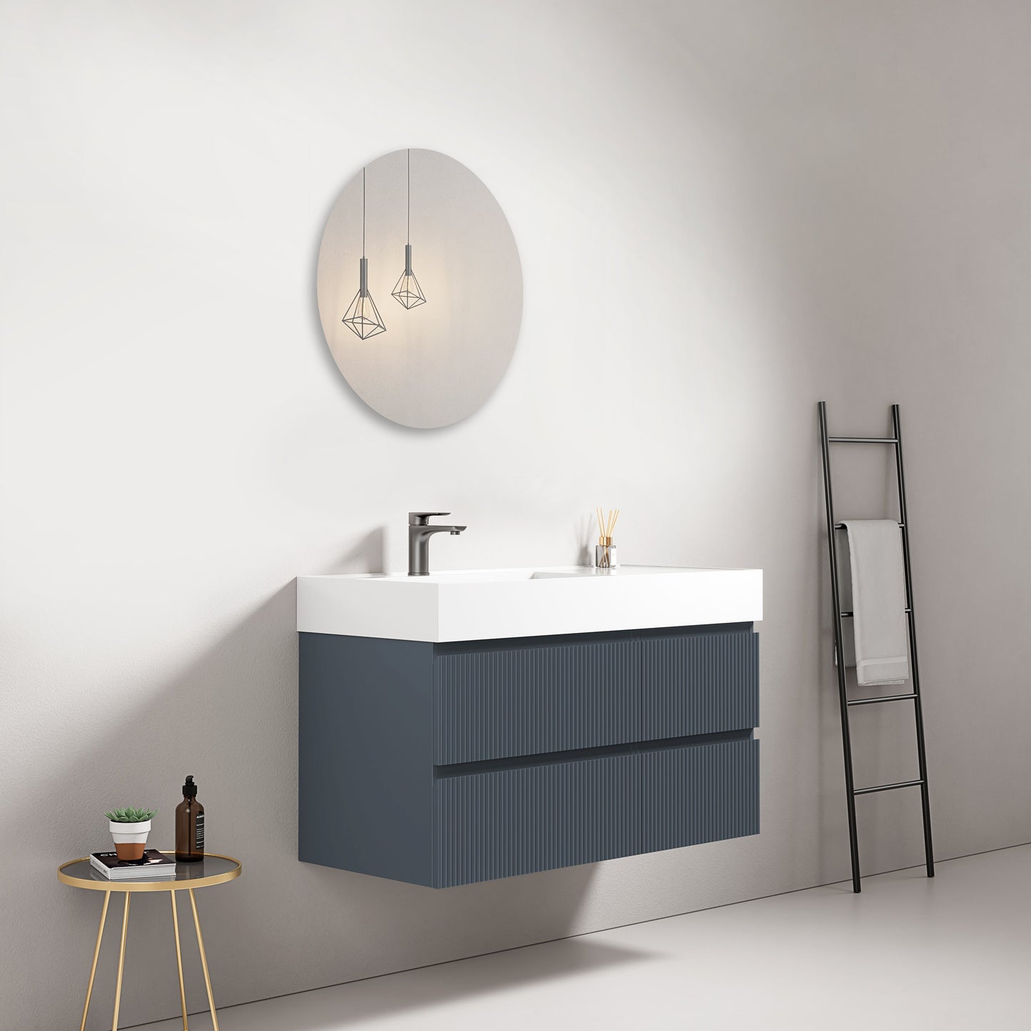 Mobile bagno sospeso cannettato 100 cm Blu Mare Lavabo a Sinistra in Resina Specchio Tondo - Fiji Paint