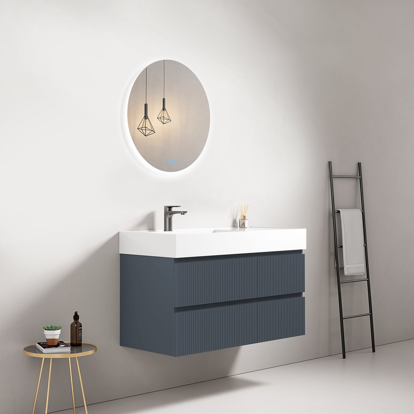 Mobile bagno sospeso cannettato 100 cm Blu Mare Lavabo a Sinistra in Resina Specchio Tondo Retroilluminato - Fiji Paint