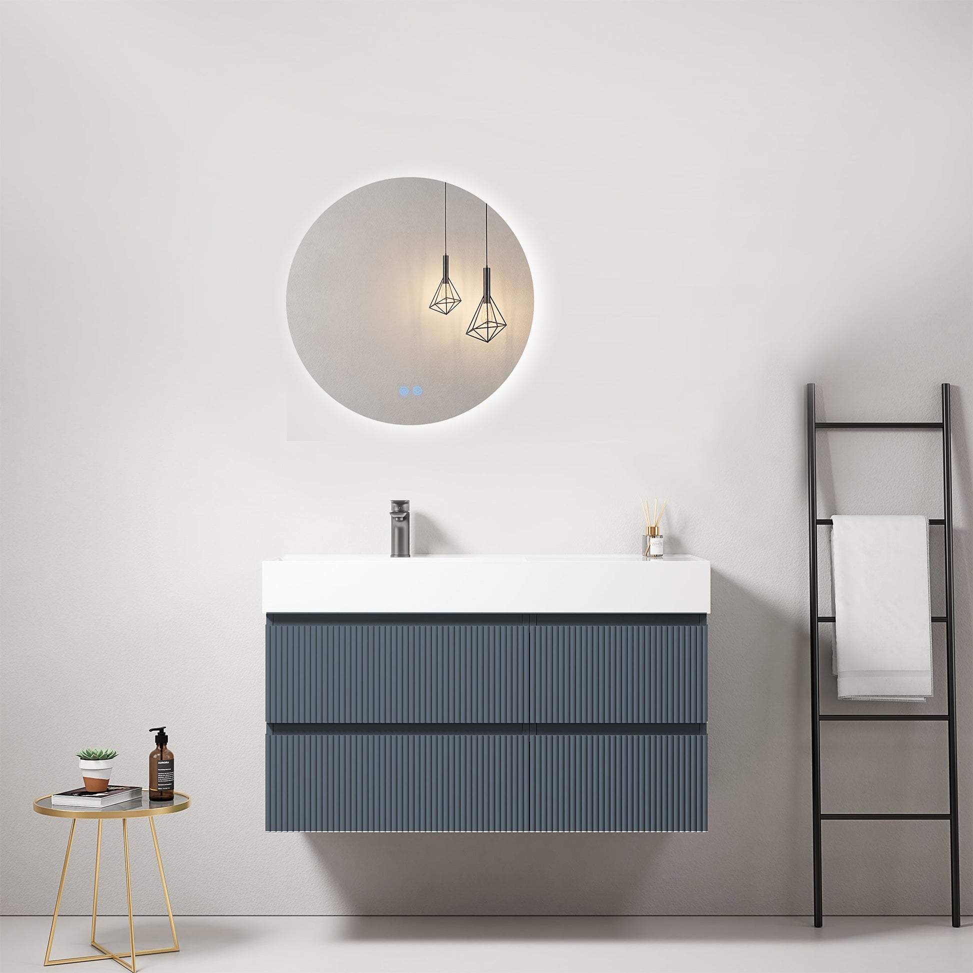 Mobile bagno sospeso cannettato 100 cm Blu Mare Lavabo a Sinistra in Resina Specchio Tondo Retroilluminato - Fiji Paint