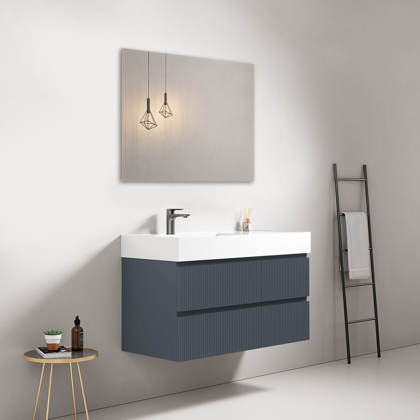 Mobile bagno sospeso cannettato 100 cm Blu Mare Lavabo a Sinistra in Resina Specchio Quadro - Fiji Paint.