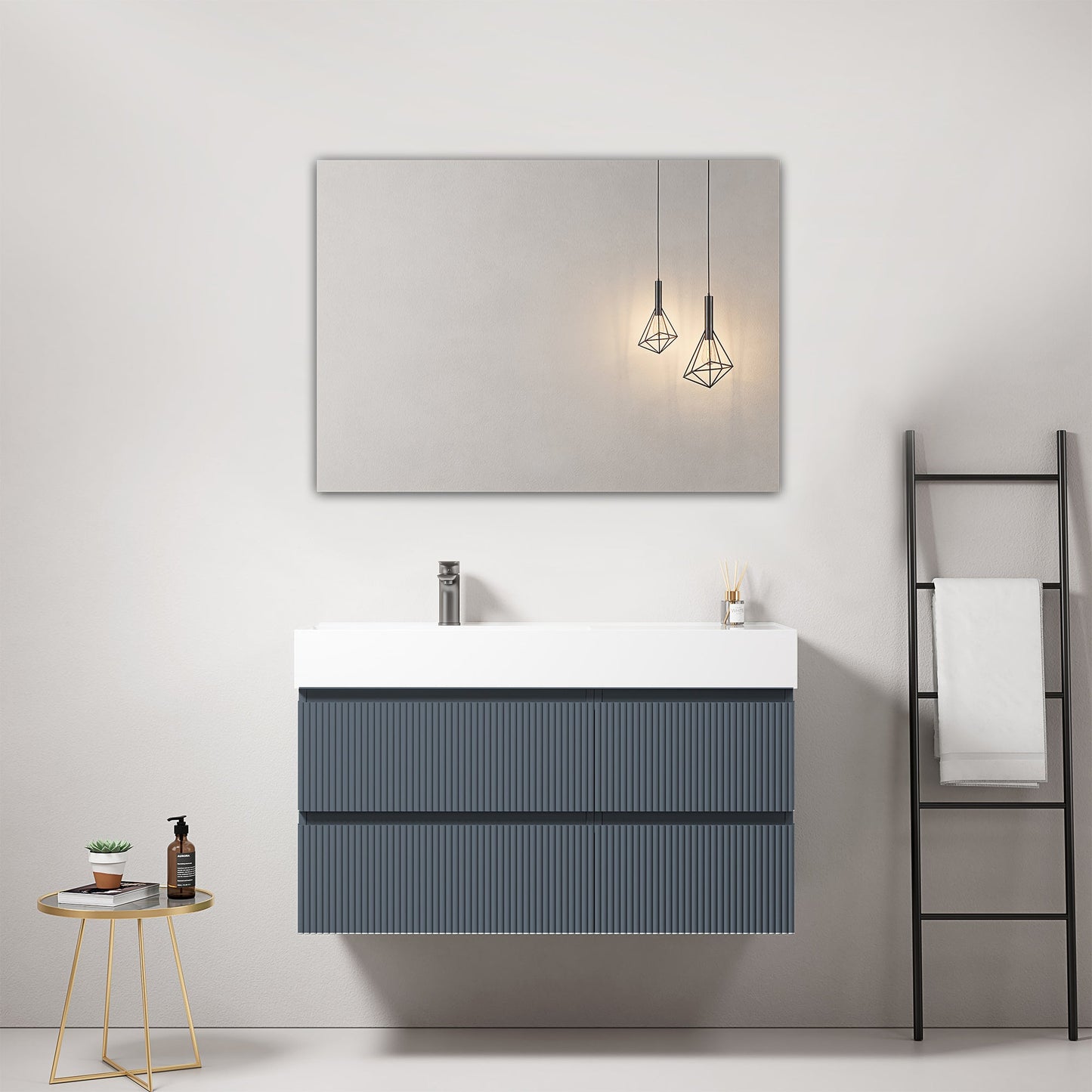 Mobile bagno sospeso cannettato 100 cm Blu Mare Lavabo a Sinistra in Resina Specchio Quadro - Fiji Paint