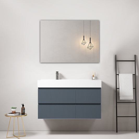 Mobile bagno sospeso cannettato 100 cm Blu Mare Lavabo a Sinistra in Resina Specchio Quadro - Fiji Paint