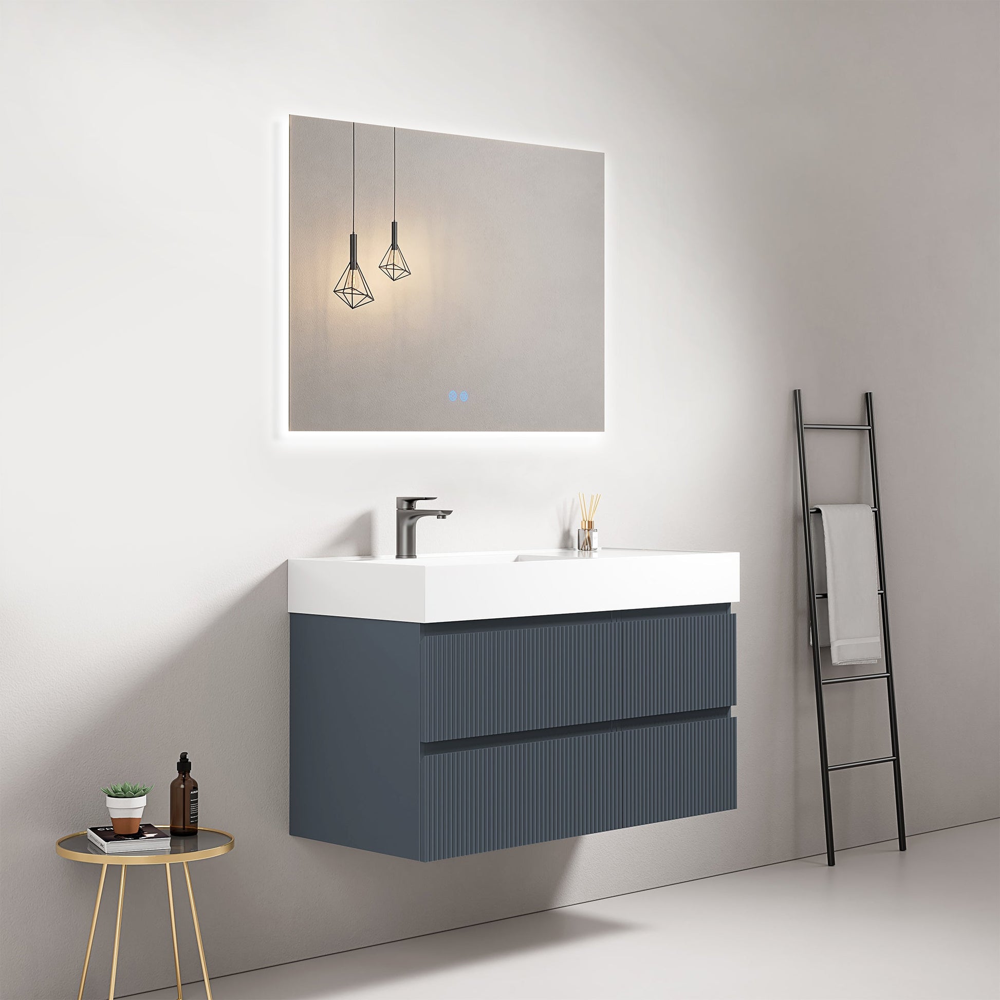 Mobile bagno sospeso cannettato 100 cm Blu Mare Lavabo a Sinistra in Resina Specchio Quadro Retroilluminato - Fiji Paint