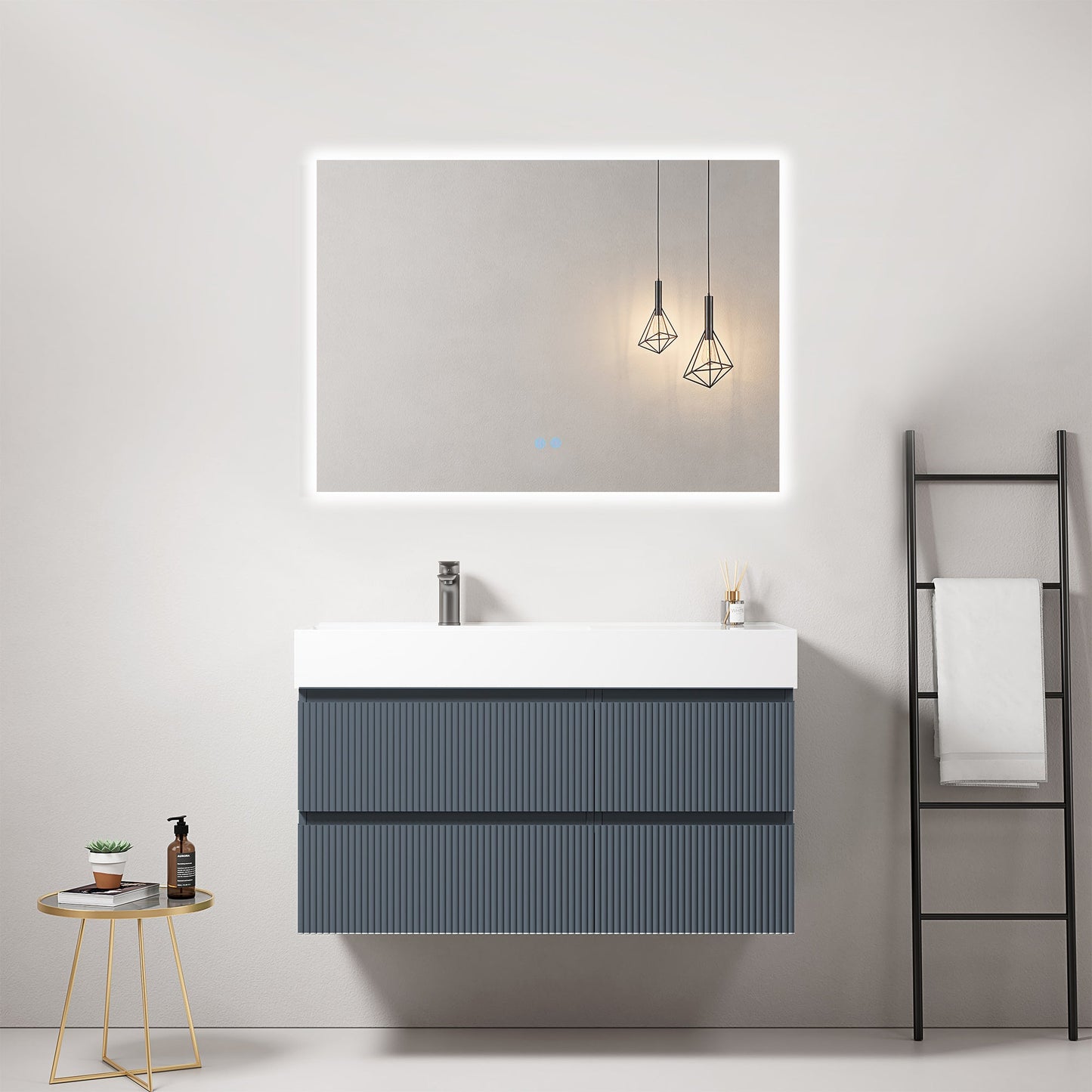 Mobile bagno sospeso cannettato 100 cm Blu Mare Lavabo a Sinistra in Resina Specchio Quadro Retroilluminato - Fiji Paint