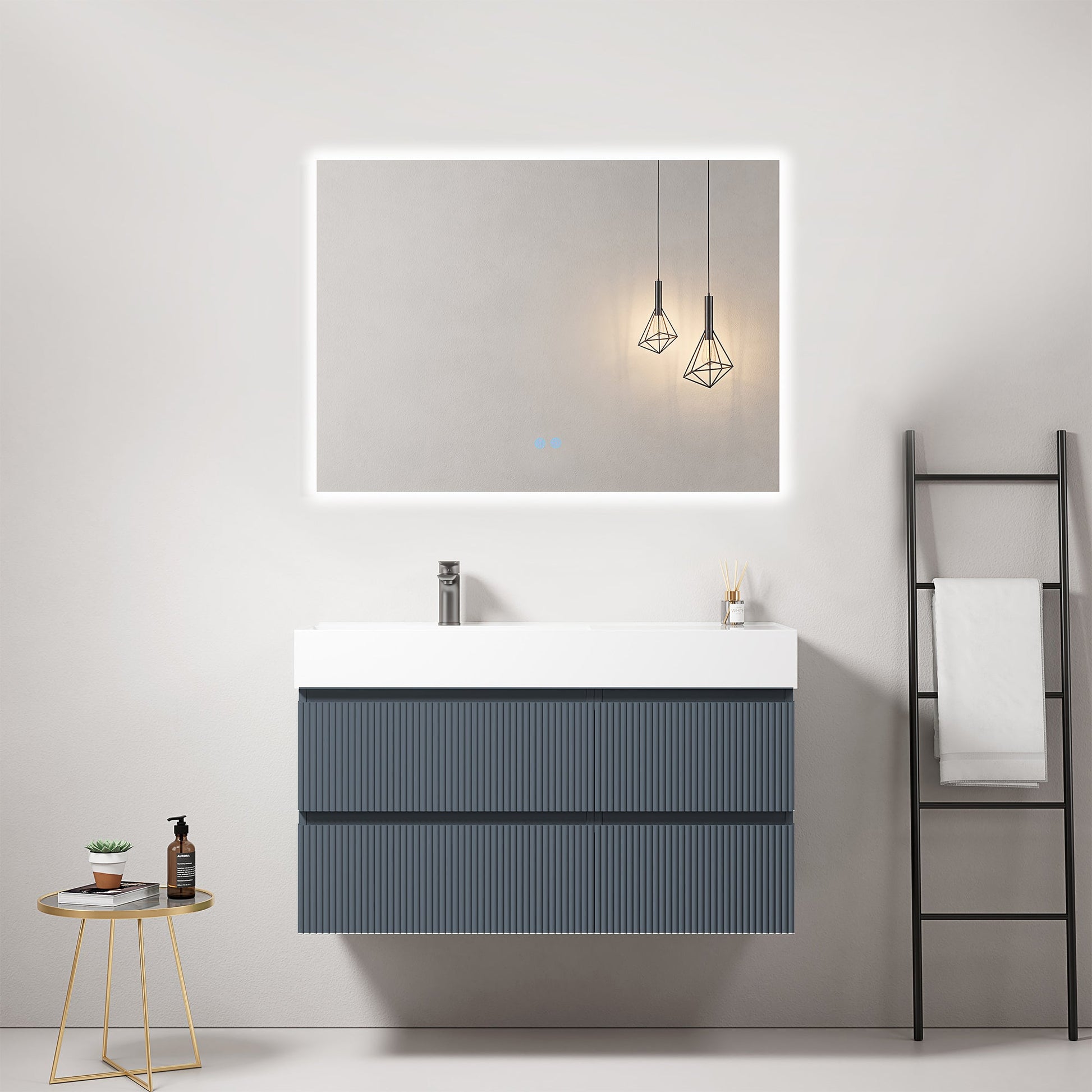 Mobile bagno sospeso cannettato 100 cm Blu Mare Lavabo a Sinistra in Resina Specchio Quadro Retroilluminato - Fiji Paint