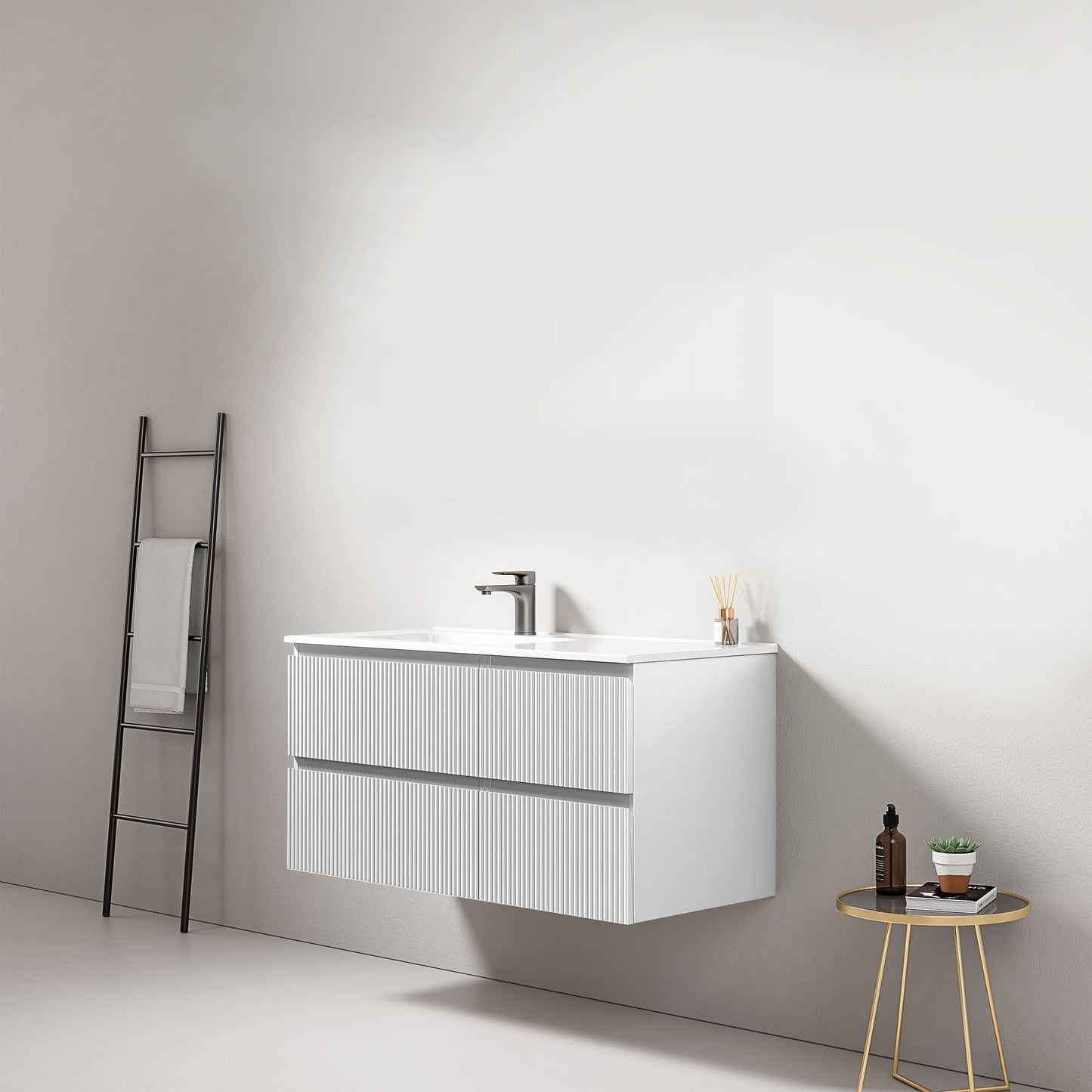 Mobile bagno sospeso cannettato 100 cm Bianco Lavabo a Sinistra in Ceramica Senza Specchio - Fiji Paint.