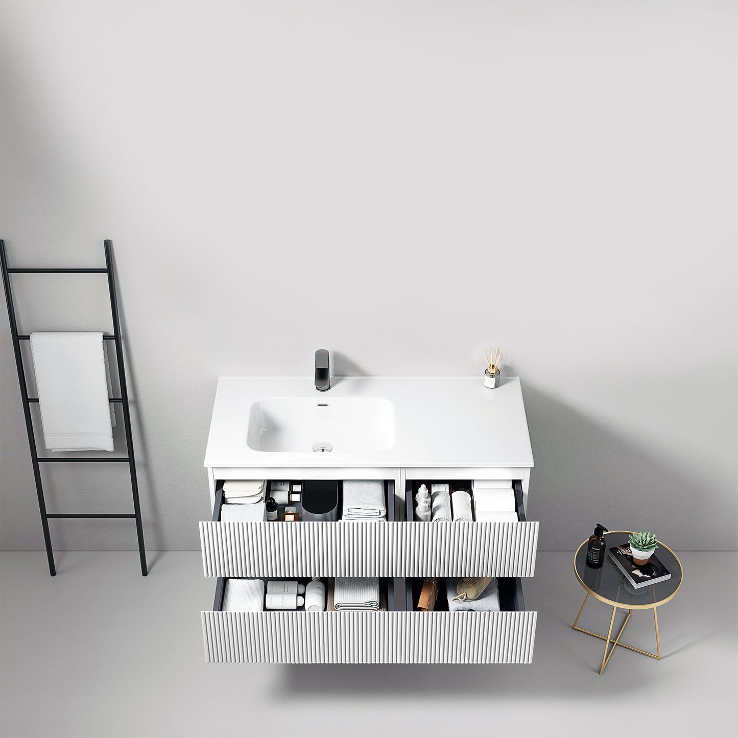 Mobile bagno sospeso cannettato 100 cm Bianco Lavabo a Sinistra in Ceramica Senza Specchio - Fiji Paint