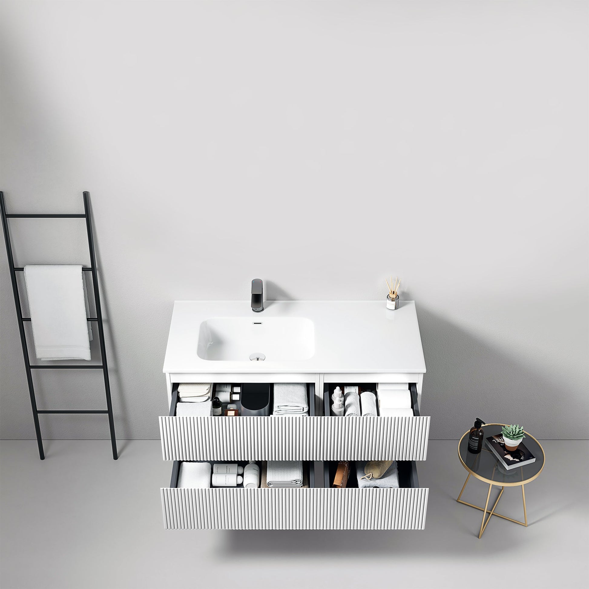 Mobile bagno sospeso cannettato 100 cm Bianco Lavabo a Sinistra in Ceramica Senza Specchio - Fiji Paint
