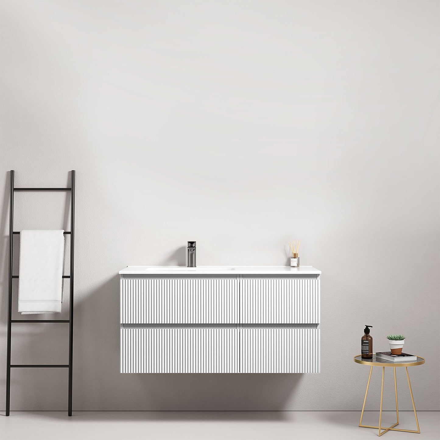 Mobile bagno sospeso cannettato 100 cm Bianco Lavabo a Sinistra in Ceramica Senza Specchio - Fiji Paint.