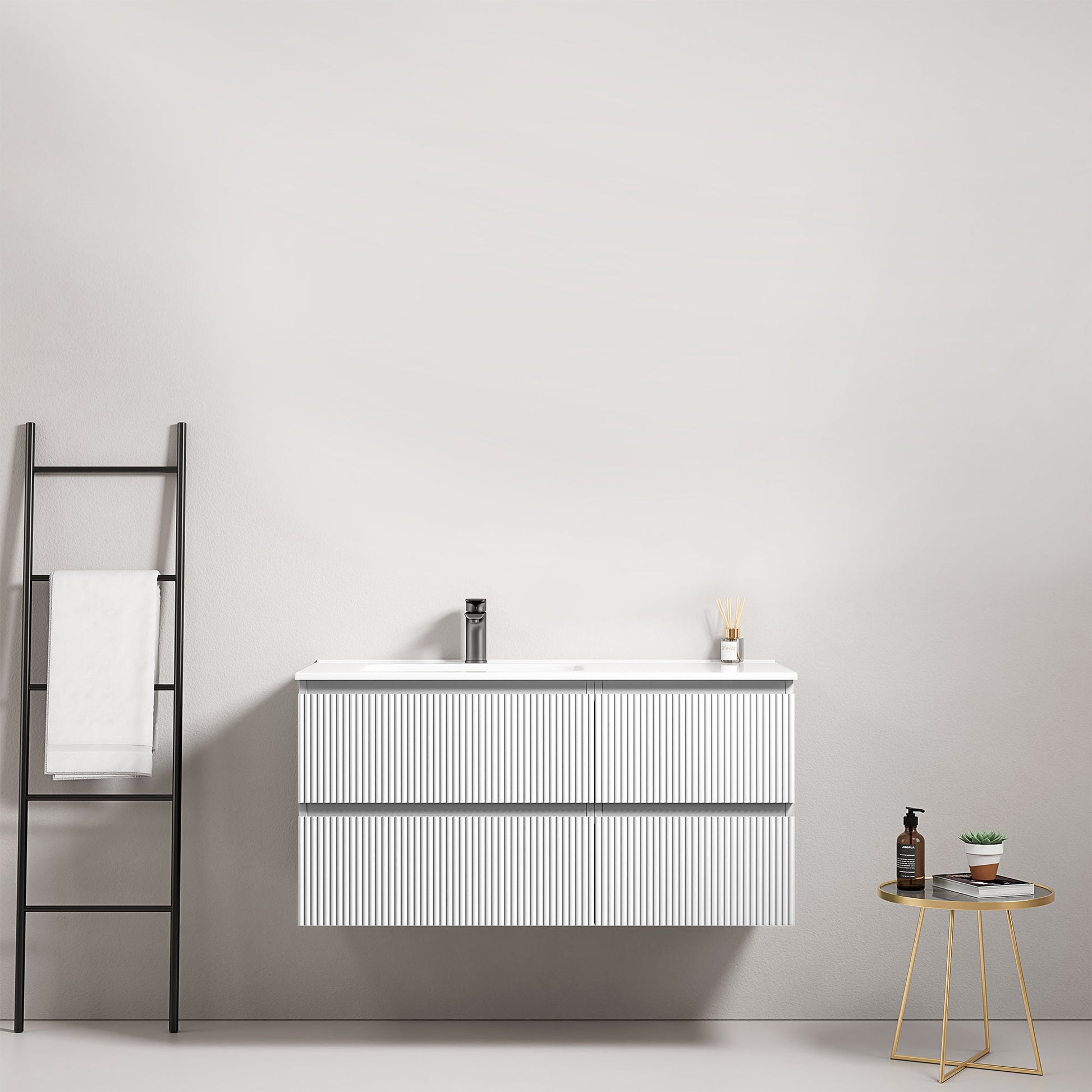 Mobile bagno sospeso cannettato 100 cm Bianco Lavabo a Sinistra in Ceramica Senza Specchio - Fiji Paint.