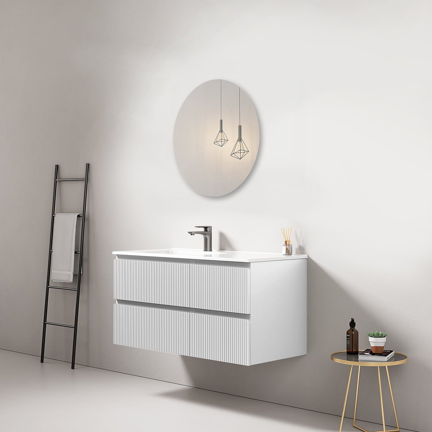 Mobile bagno sospeso cannettato 100 cm Bianco Lavabo a Sinistra in Ceramica Specchio Tondo - Fiji Paint.