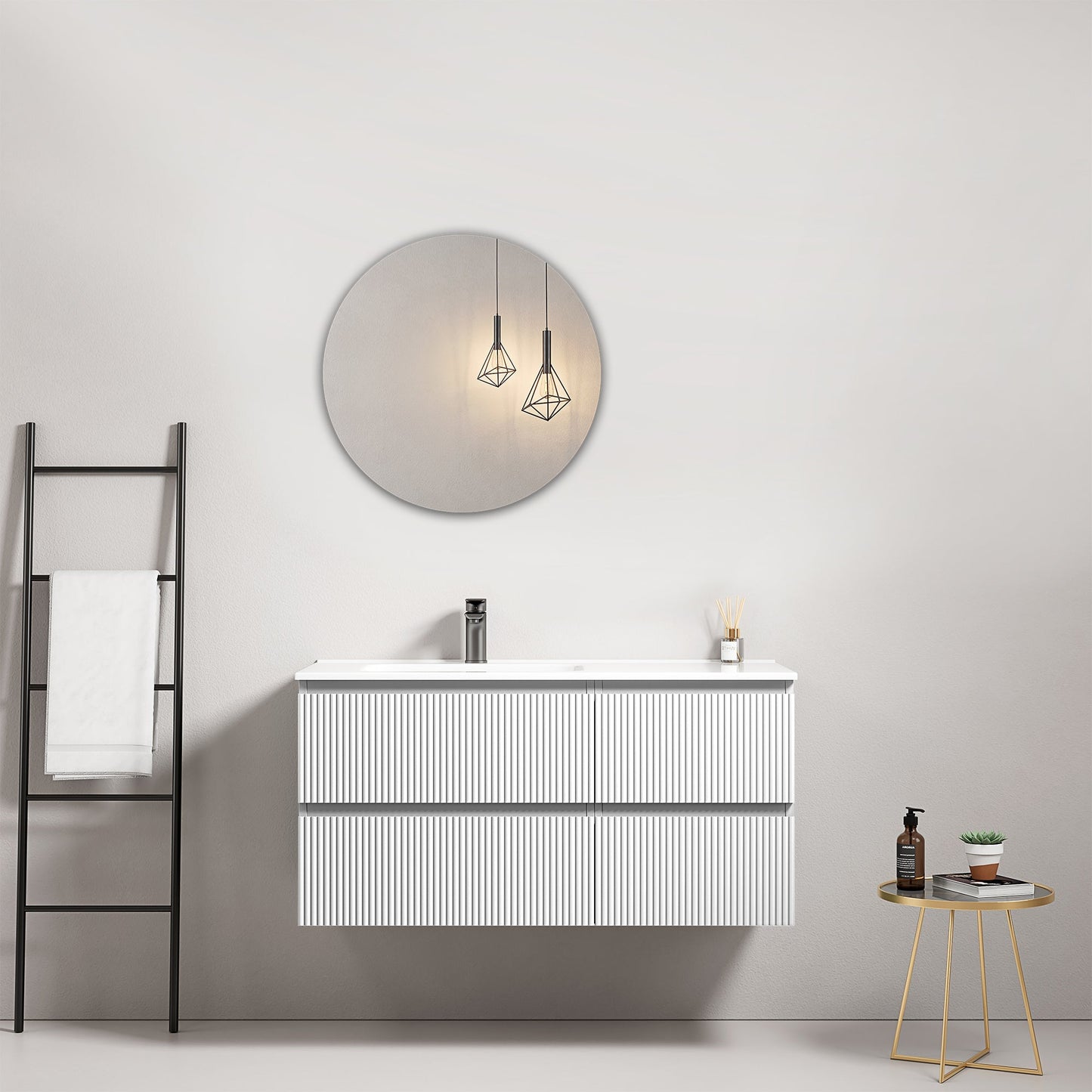 Mobile bagno sospeso cannettato 100 cm Bianco Lavabo a Sinistra in Ceramica Specchio Tondo - Fiji Paint con specchio tondo.