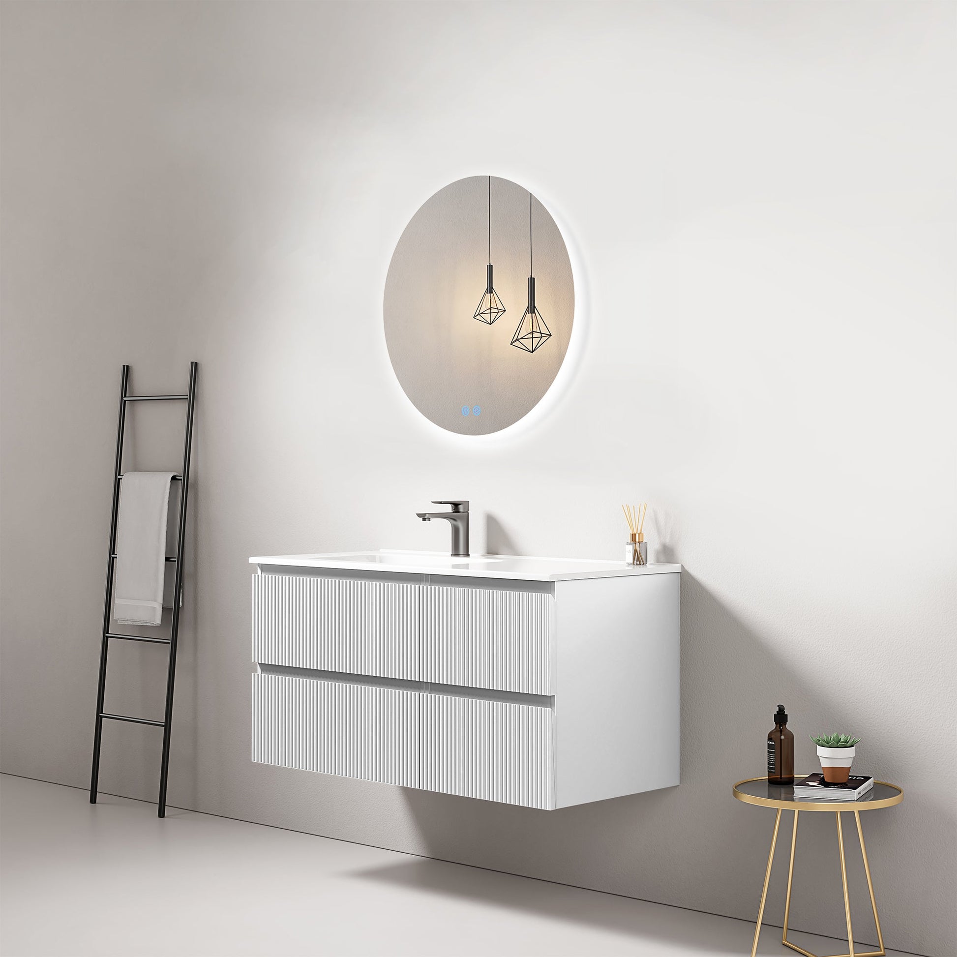 Mobile bagno sospeso cannettato 100 cm Bianco Lavabo a Sinistra in Ceramica Specchio Tondo Retroilluminato - Fiji Paint