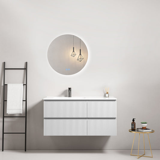 Mobile bagno sospeso cannettato 100 cm Bianco Lavabo a Sinistra in Ceramica Specchio Tondo Retroilluminato - Fiji Paint