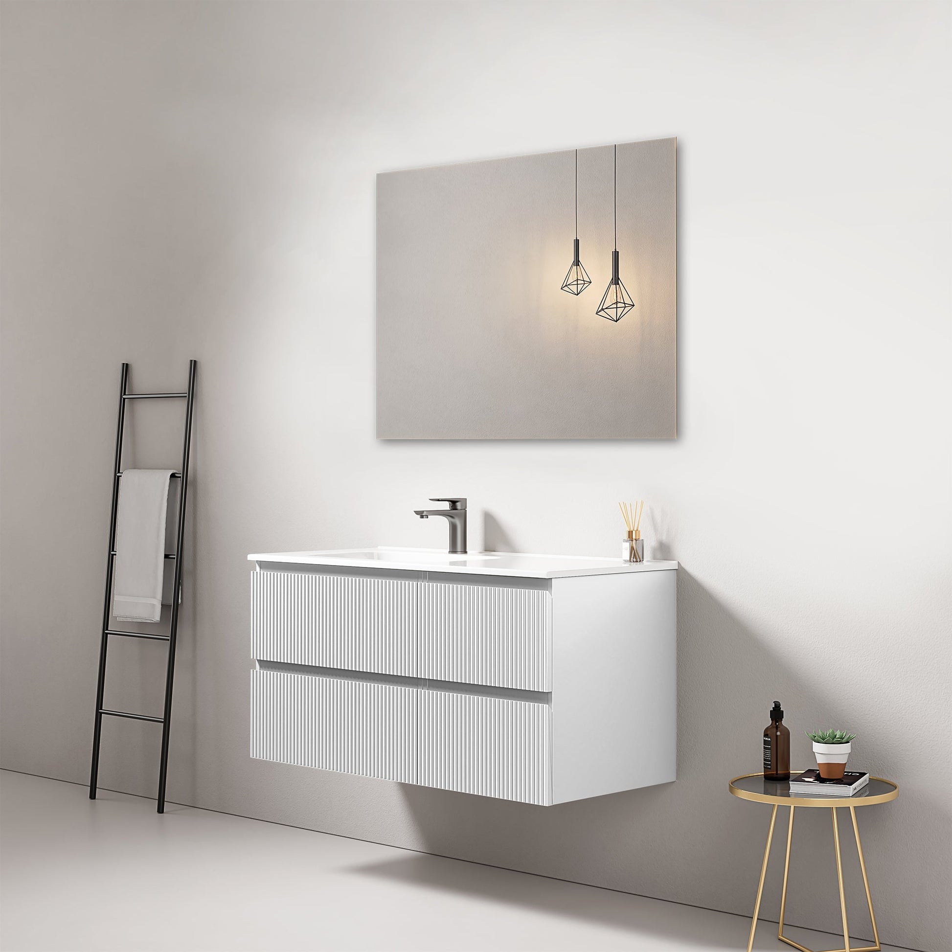 Mobile bagno sospeso cannettato 100 cm Bianco Lavabo a Sinistra in Ceramica Specchio Quadro - Fiji Paint