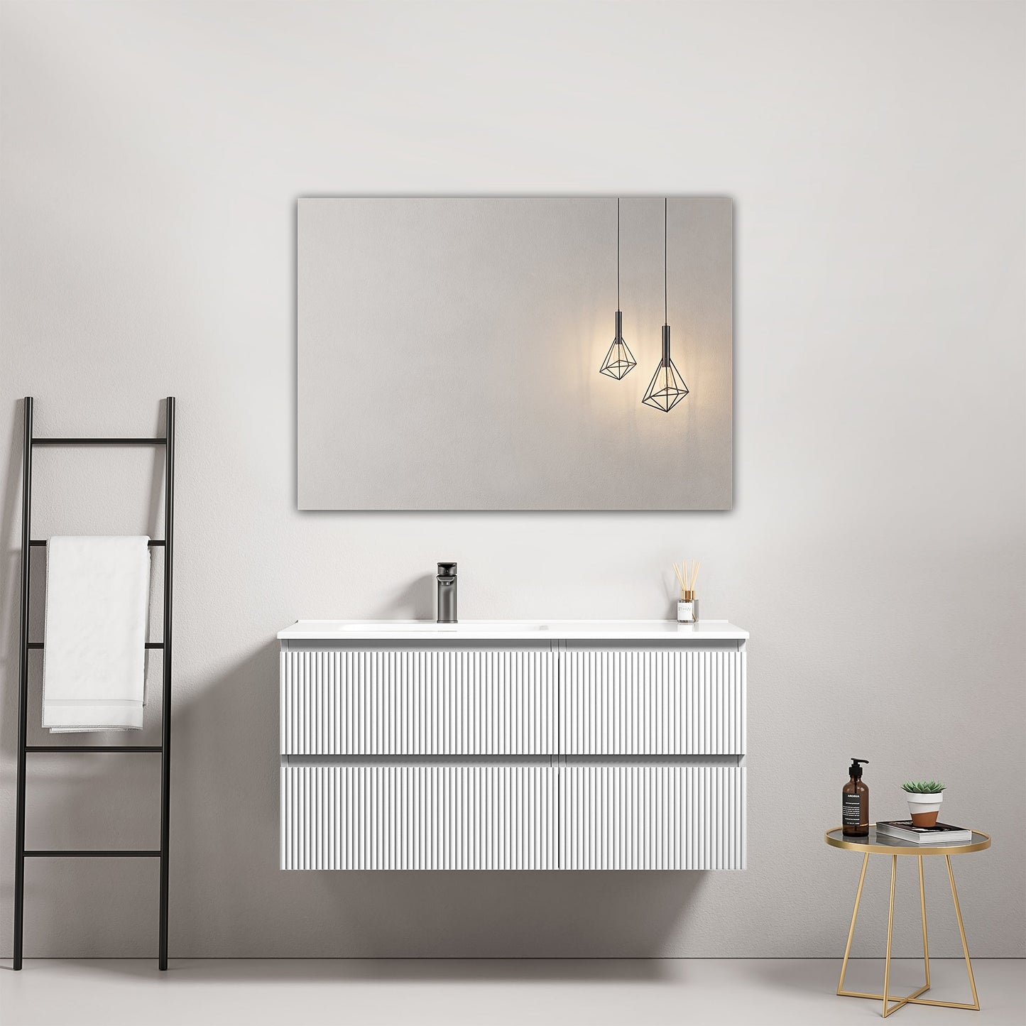 Mobile bagno sospeso cannettato 100 cm Bianco Lavabo a Sinistra in Ceramica Specchio Quadro - Fiji Paint.
