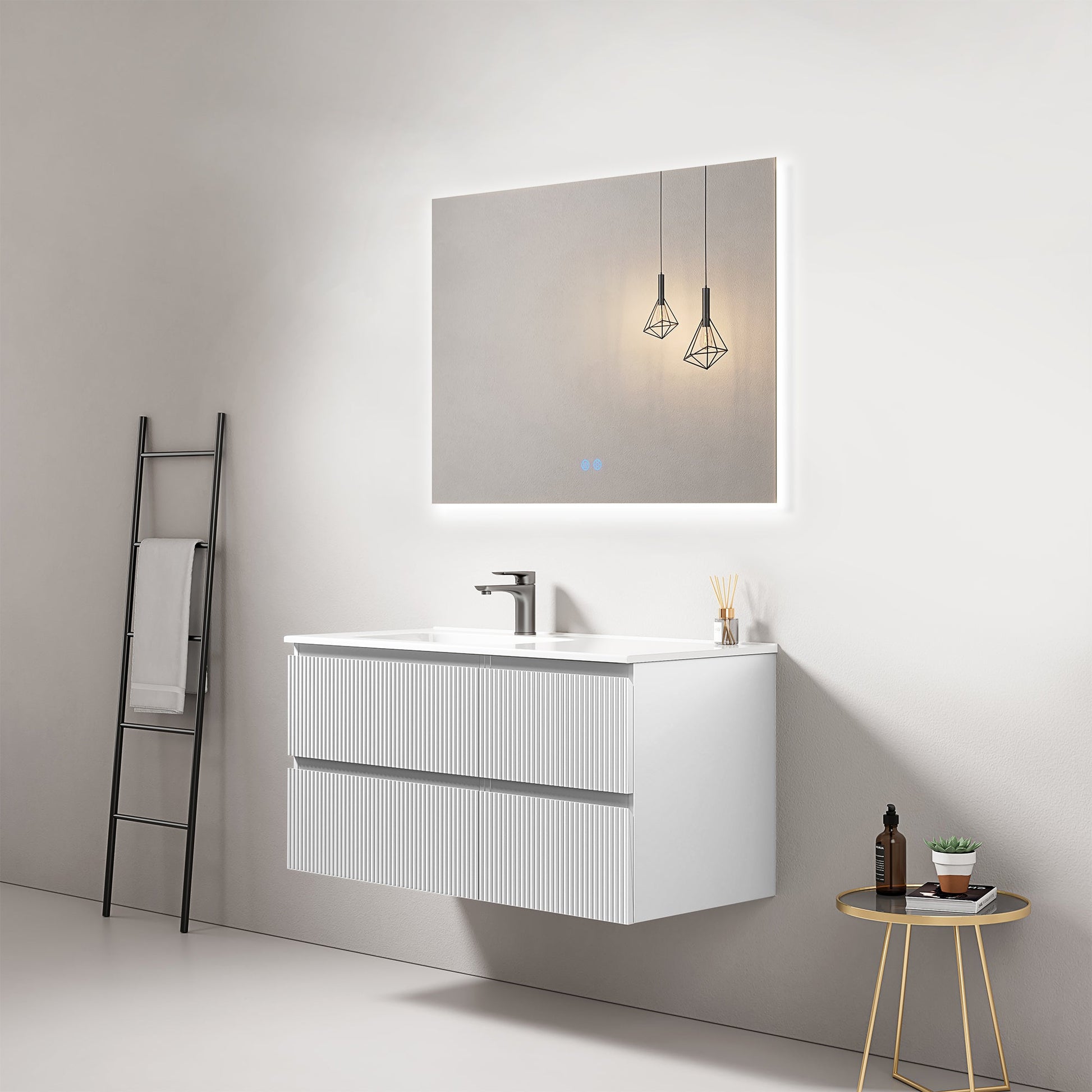 Mobile bagno sospeso cannettato 100 cm Bianco Lavabo a Sinistra in Ceramica Specchio Quadro Retroilluminato - Fiji Paint