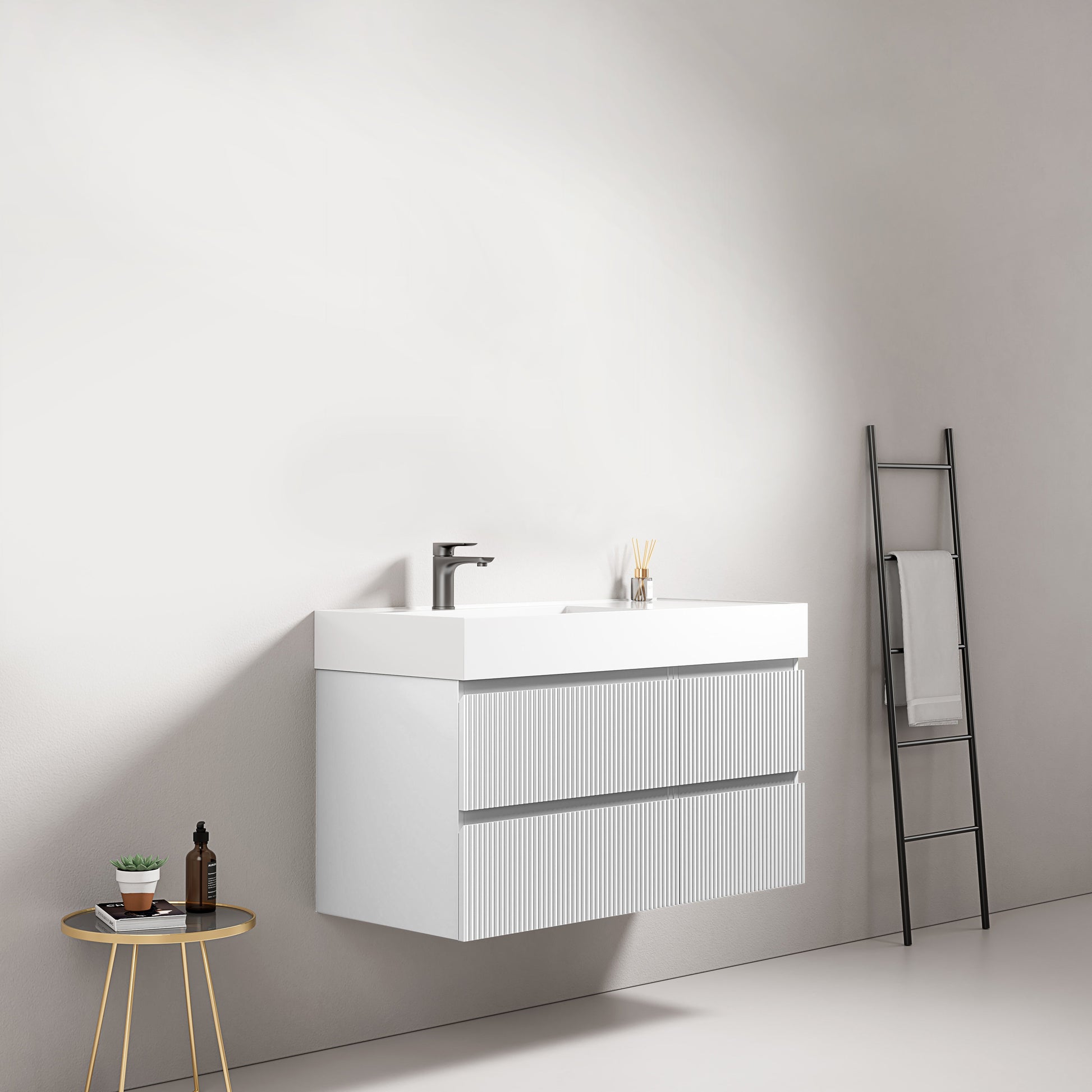 Mobile bagno sospeso cannettato 100 cm Bianco Lavabo a Sinistra in Resina Senza Specchio - Fiji Paint in un ambiente moderno.