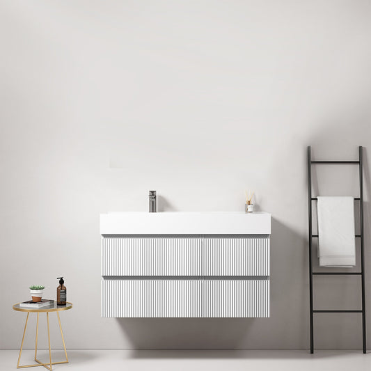 Mobile bagno sospeso cannettato 100 cm Bianco Lavabo a Sinistra in Resina Senza Specchio - Fiji Paint.