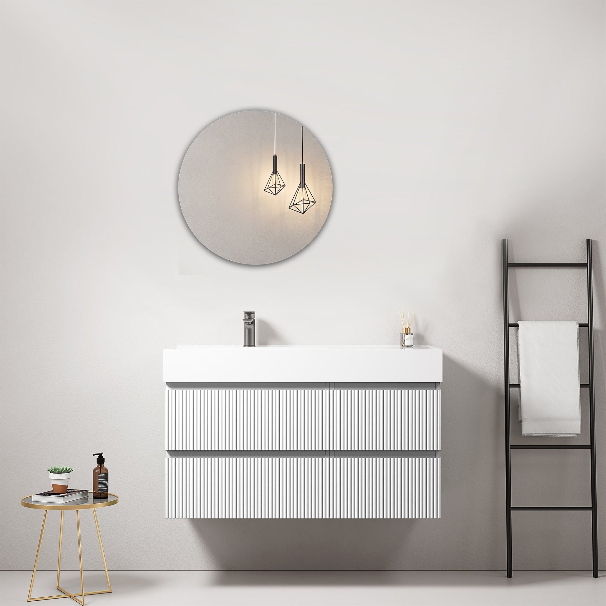 Mobile bagno sospeso cannettato 100 cm Bianco Lavabo a Sinistra in Resina Specchio Tondo - Fiji Paint con lampade e accessori.