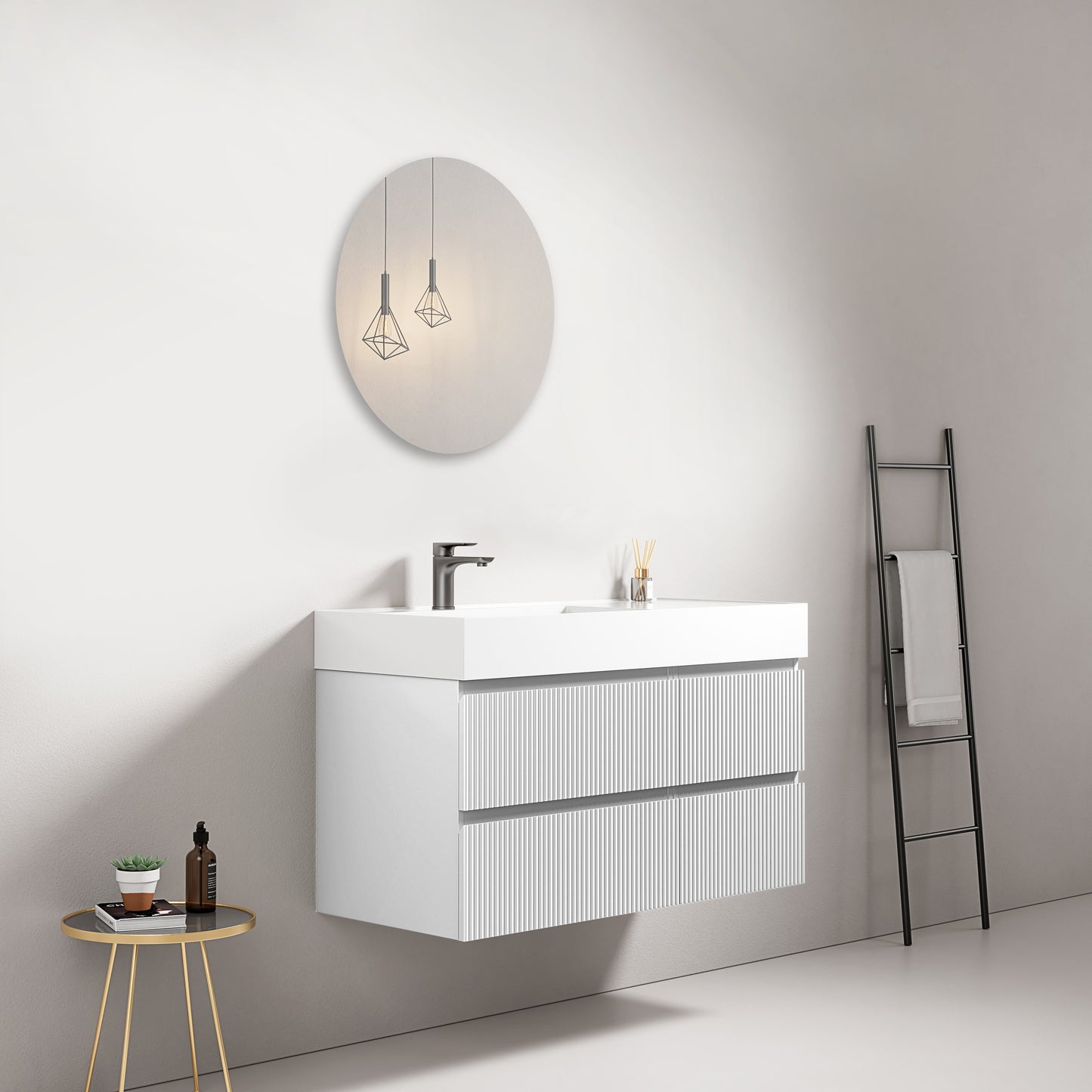 Mobile bagno sospeso cannettato 100 cm Bianco Lavabo a Sinistra in Resina Specchio Tondo - Fiji Paint in un bagno moderno.