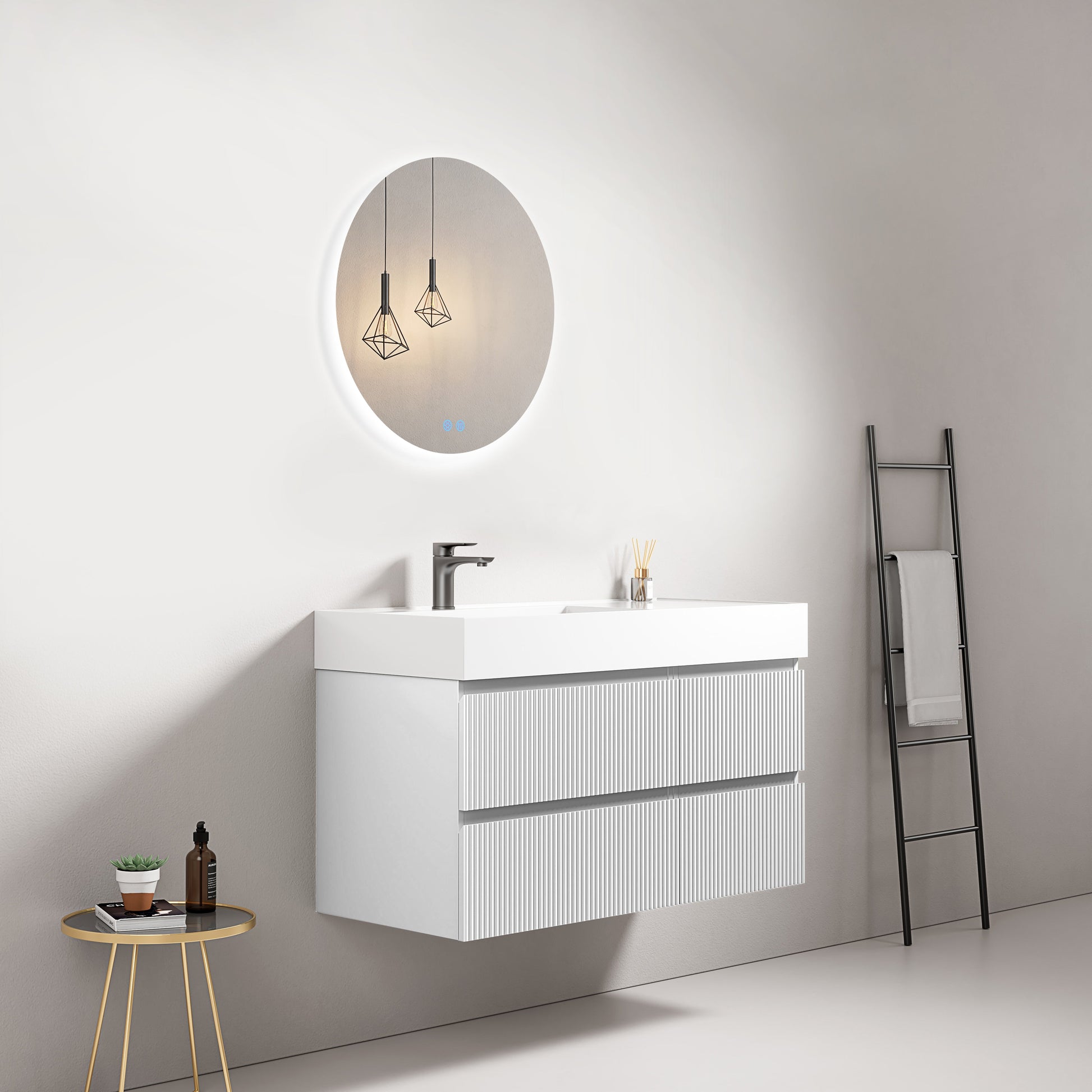 Mobile bagno sospeso cannettato 100 cm Bianco Lavabo a Sinistra in Resina Specchio Tondo Retroilluminato - Fiji Paint
