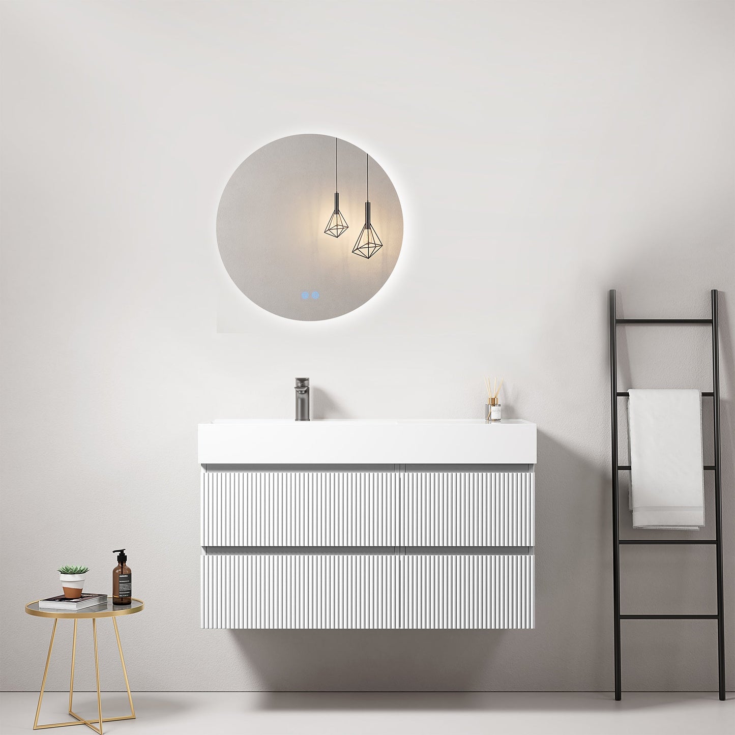 Mobile bagno sospeso cannettato 100 cm Bianco Lavabo a Sinistra in Resina Specchio Tondo Retroilluminato - Fiji Paint.