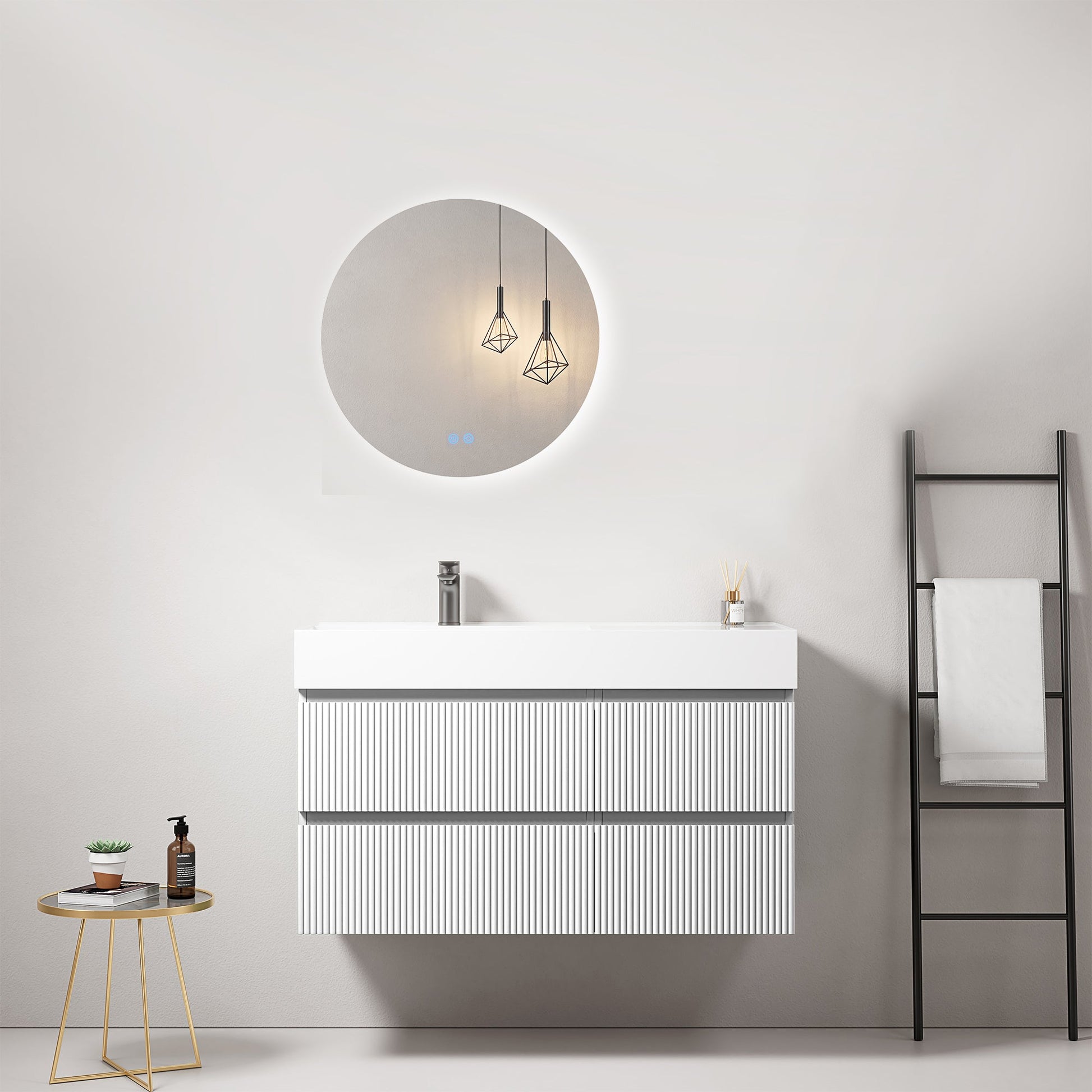 Mobile bagno sospeso cannettato 100 cm Bianco Lavabo a Sinistra in Resina Specchio Tondo Retroilluminato - Fiji Paint.