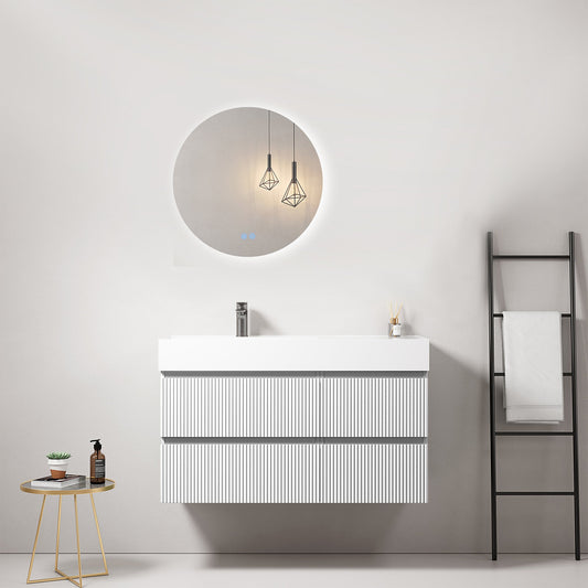 Mobile bagno sospeso cannettato 100 cm Bianco Lavabo a Sinistra in Resina Specchio Tondo Retroilluminato - Fiji Paint