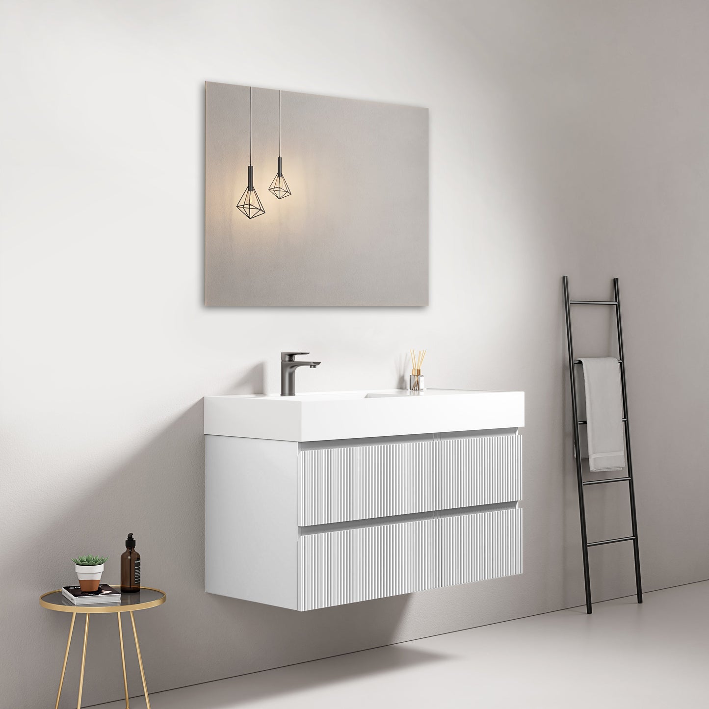 Mobile bagno sospeso cannettato 100 cm Bianco Lavabo a Sinistra in Resina Specchio Quadro - Fiji Paint in un bagno moderno.