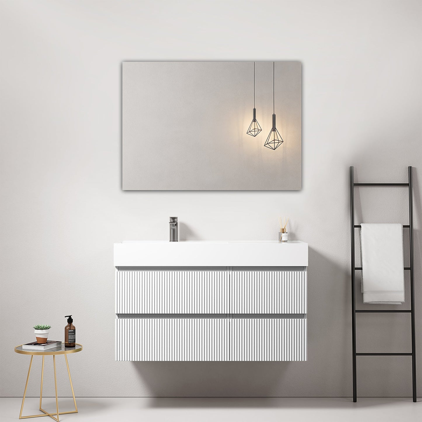 Mobile bagno sospeso cannettato 100 cm Bianco Lavabo a Sinistra in Resina Specchio Quadro - Fiji Paint con illuminazione moderna.