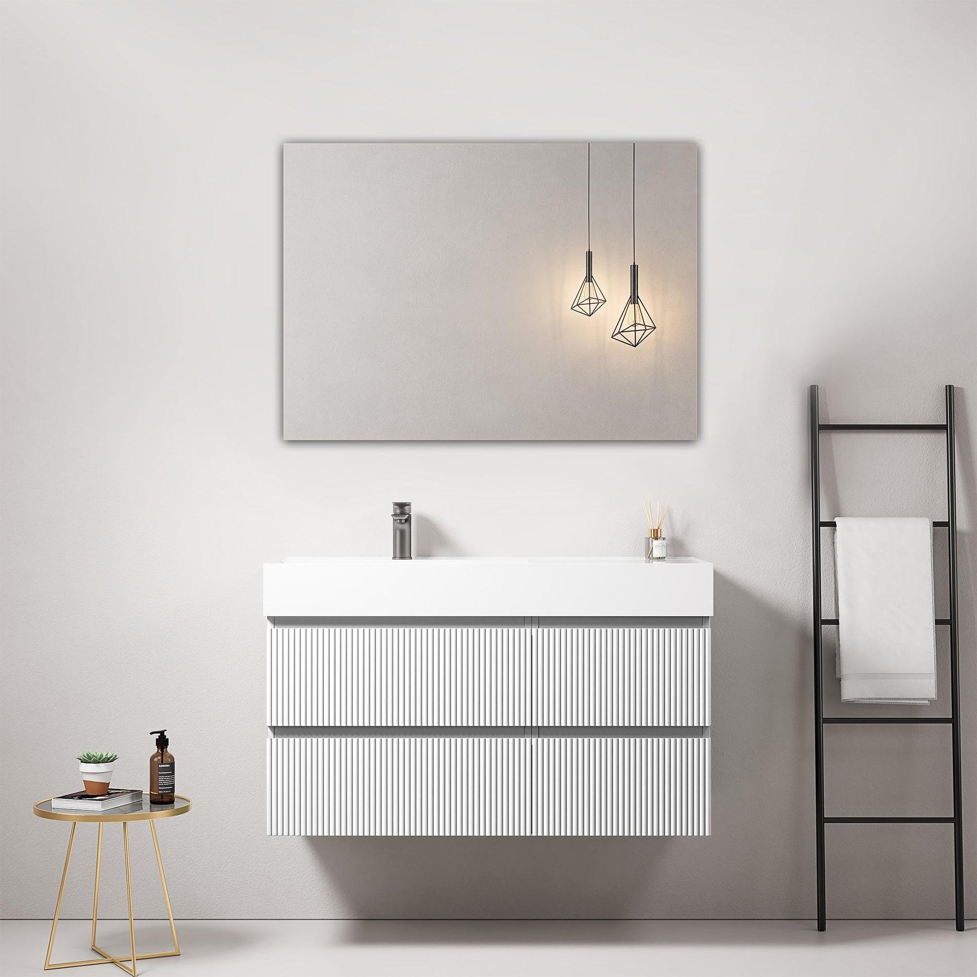 Mobile bagno sospeso cannettato 100 cm Bianco Lavabo a Sinistra in Resina Specchio Quadro - Fiji Paint con illuminazione moderna.