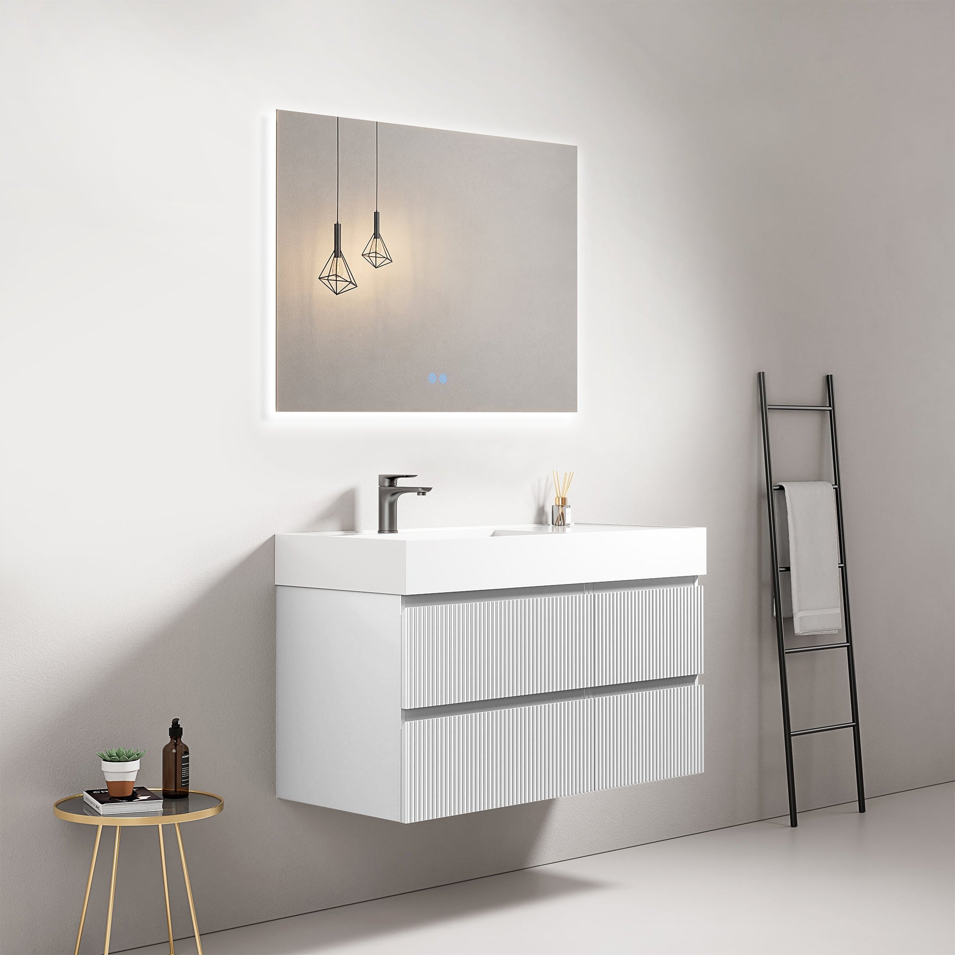 Mobile bagno sospeso cannettato 100 cm Bianco Lavabo a Sinistra in Resina Specchio Quadro Retroilluminato - Fiji Paint.