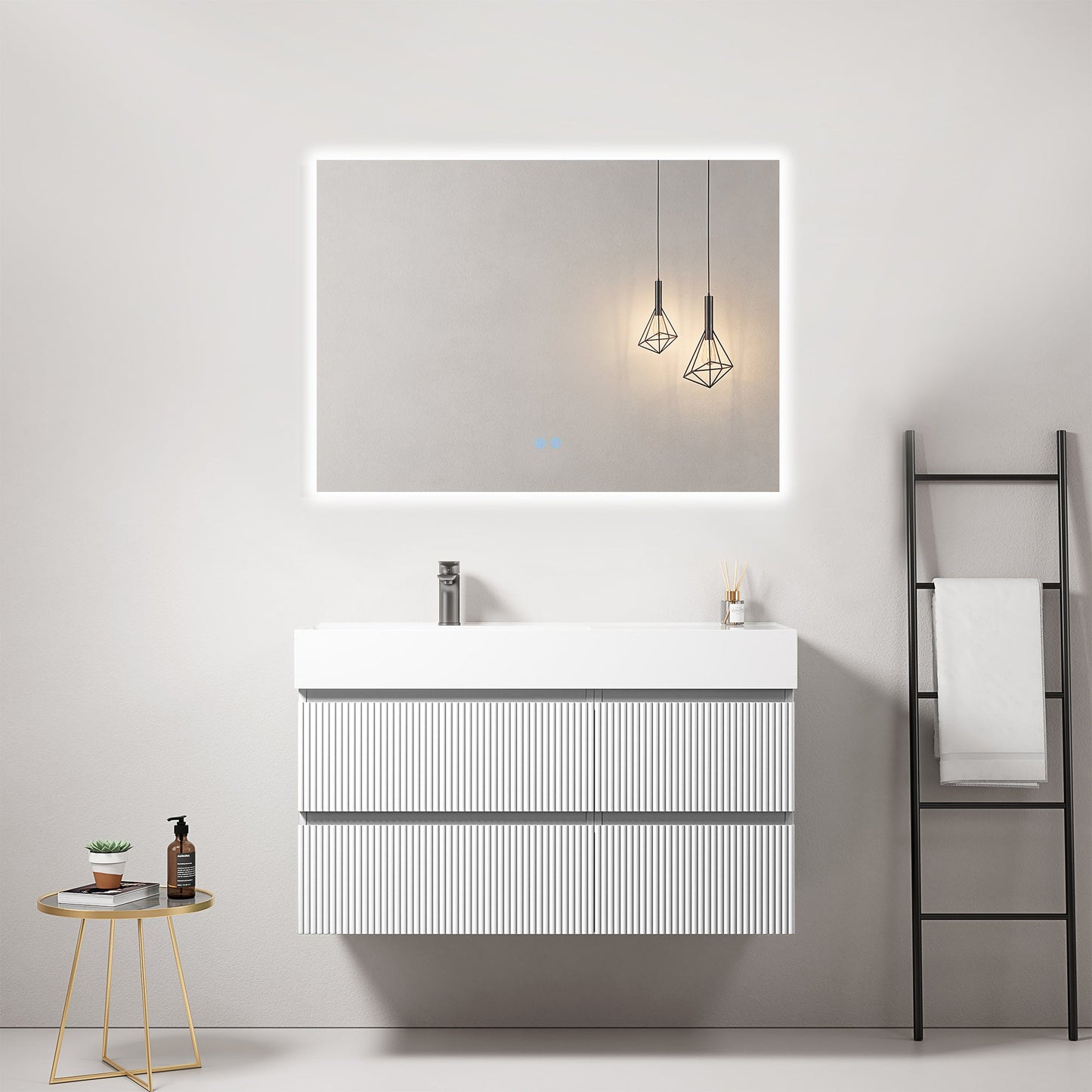 Mobile bagno sospeso cannettato 100 cm Bianco Lavabo a Sinistra in Resina Specchio Quadro Retroilluminato - Fiji Paint