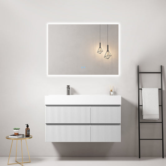 Mobile bagno sospeso cannettato 100 cm Bianco Lavabo a Sinistra in Resina Specchio Quadro Retroilluminato - Fiji Paint