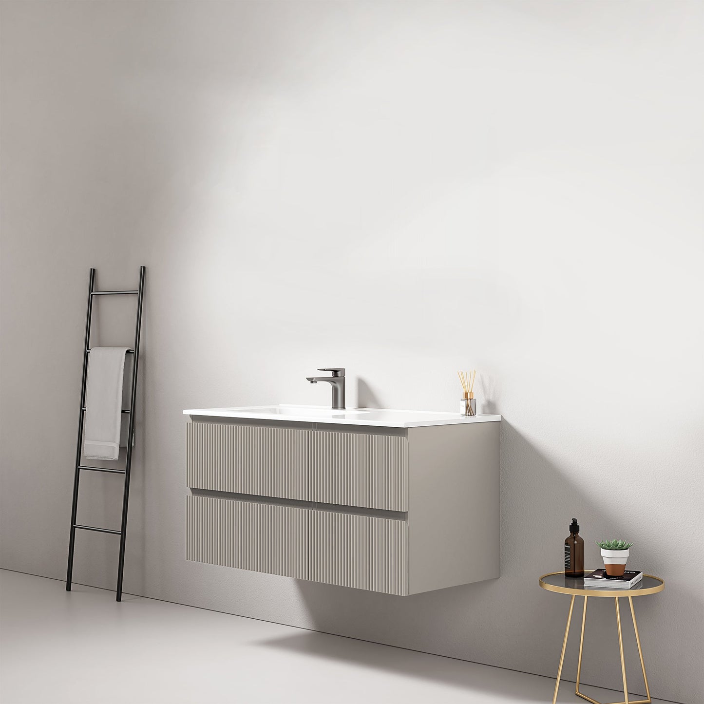 Mobile bagno sospeso cannettato 100 cm Grigio Cenere Lavabo a Sinistra in Ceramica Senza Specchio - Fiji Paint