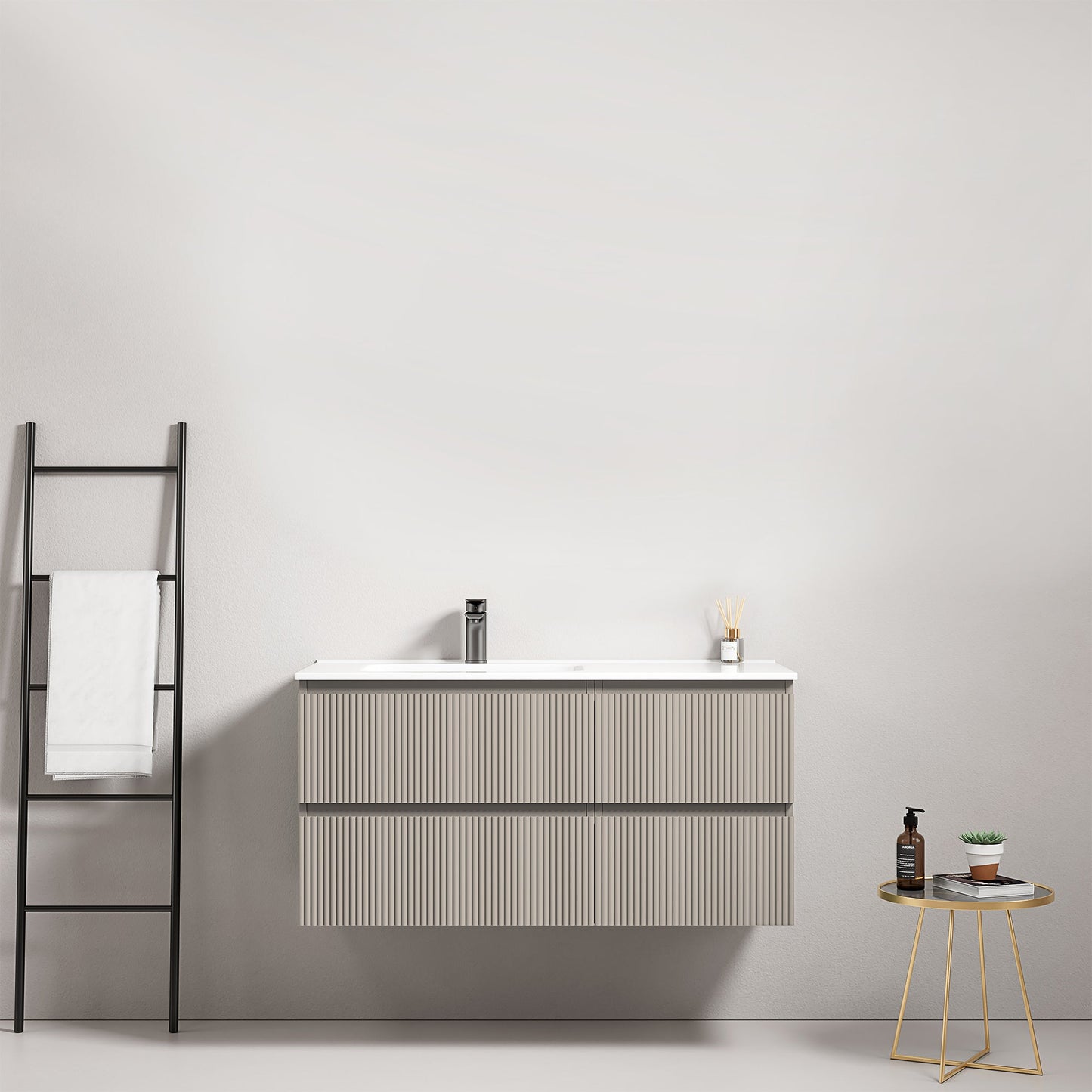 Mobile bagno sospeso cannettato 100 cm Grigio Cenere Lavabo a Sinistra in Ceramica Senza Specchio - Fiji Paint.